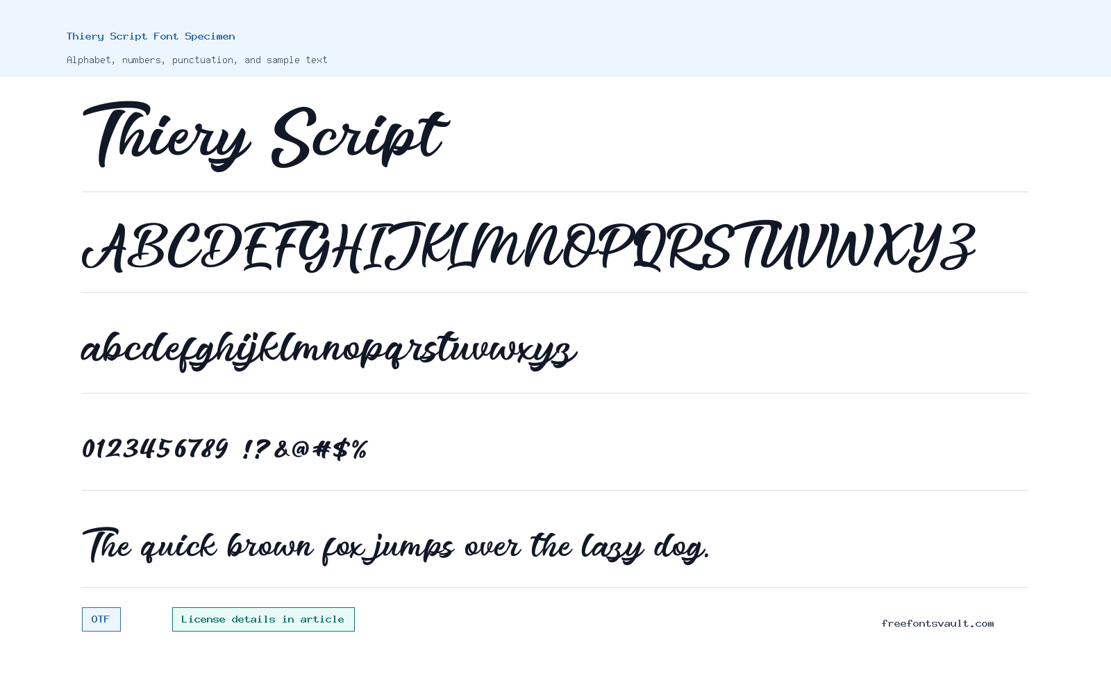Thiery Script font specimen showing alphabet, numbers, and sample text