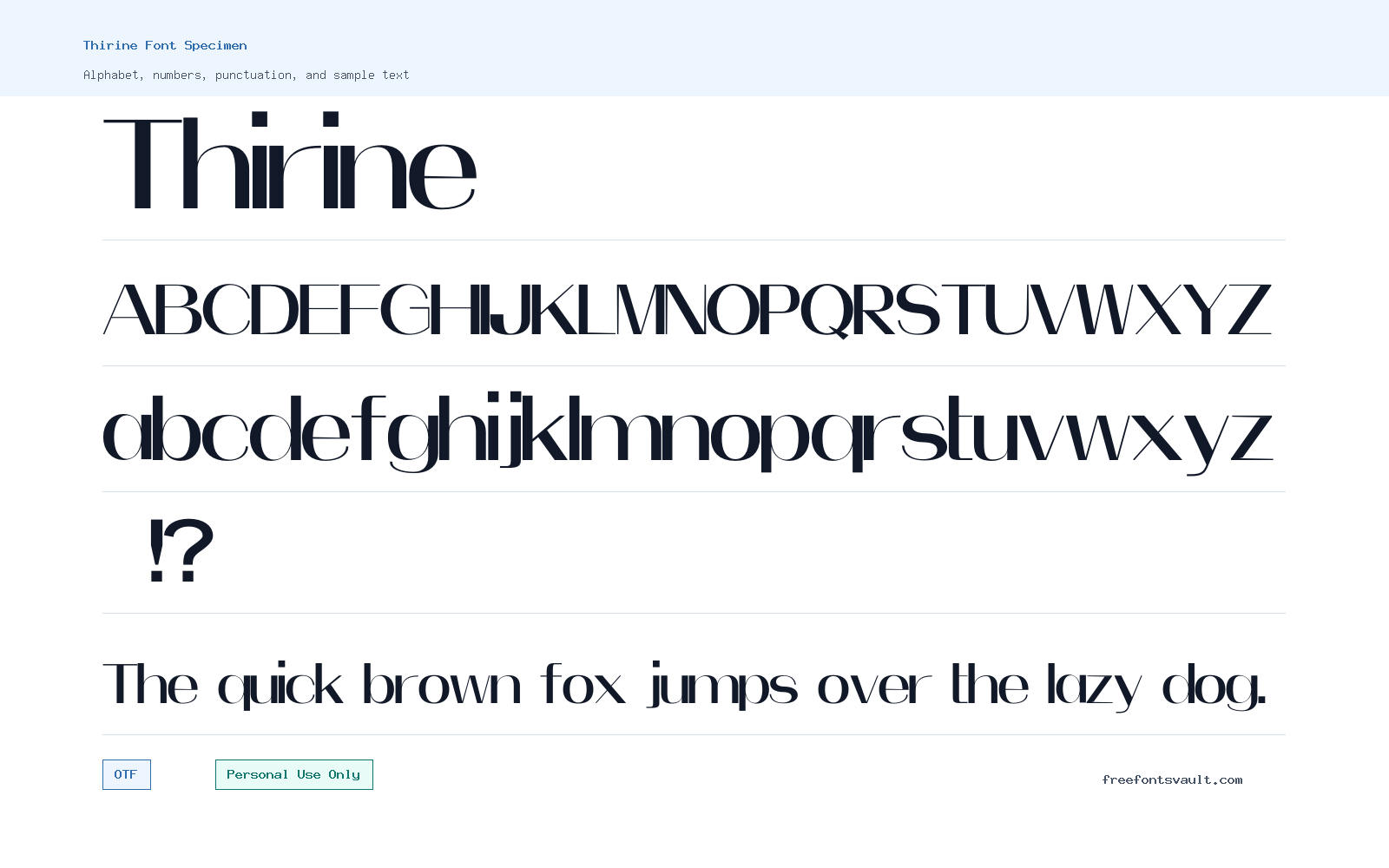 Thirine font specimen showing alphabet, numbers, and sample text