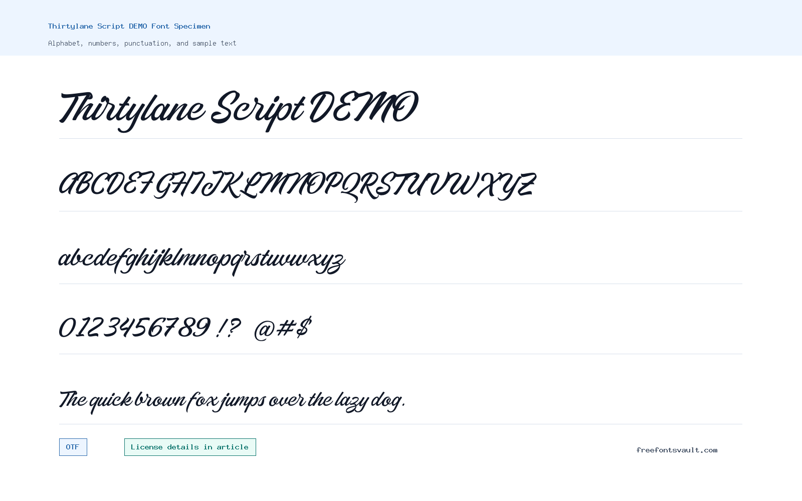 Thirtylane Script DEMO font specimen showing alphabet, numbers, and sample text