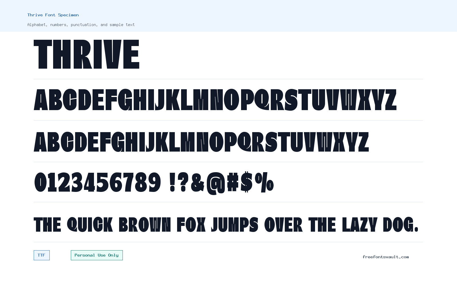 Thrive font specimen showing alphabet, numbers, and sample text