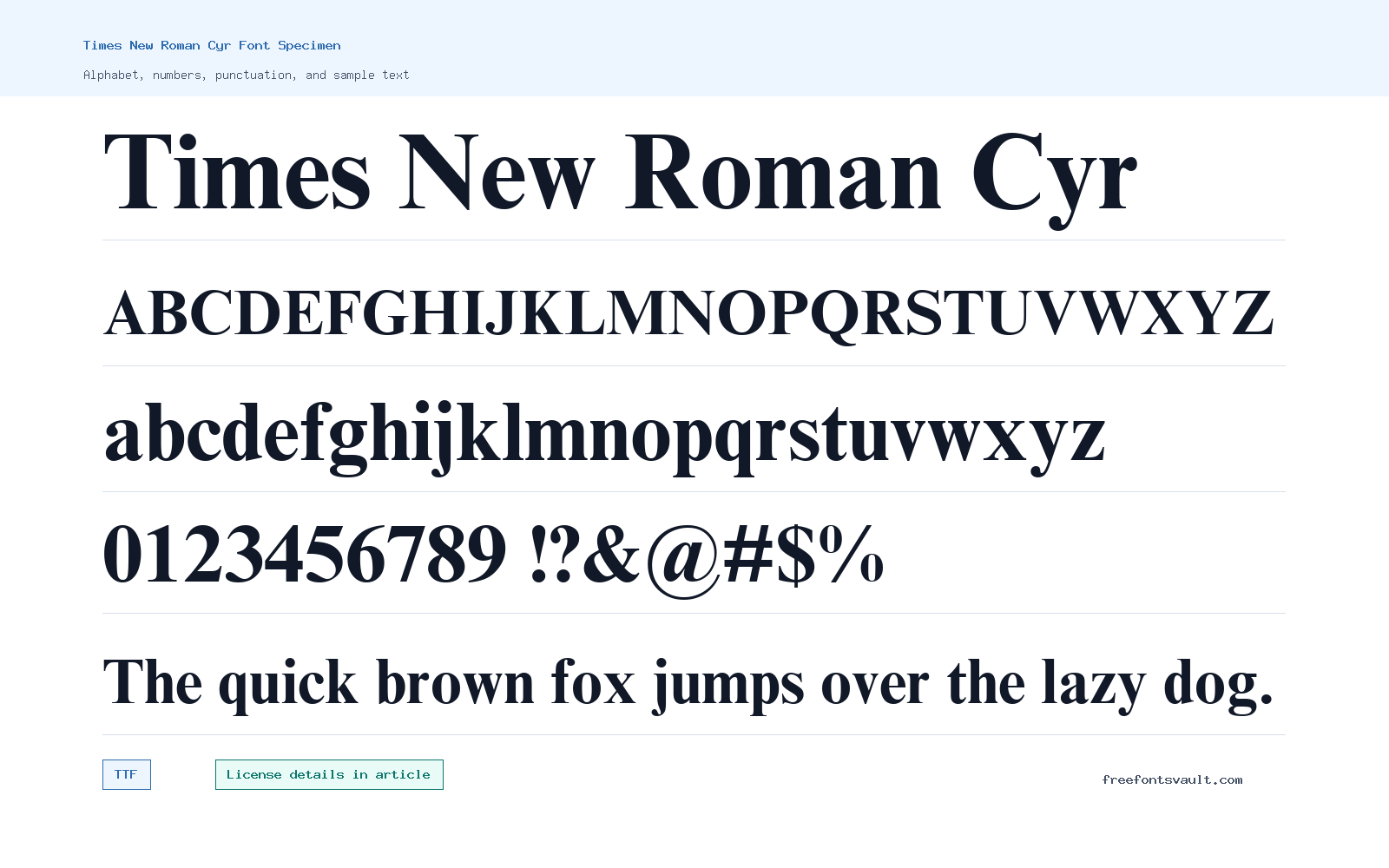 Times New Roman Cyr font specimen showing alphabet, numbers, and sample text