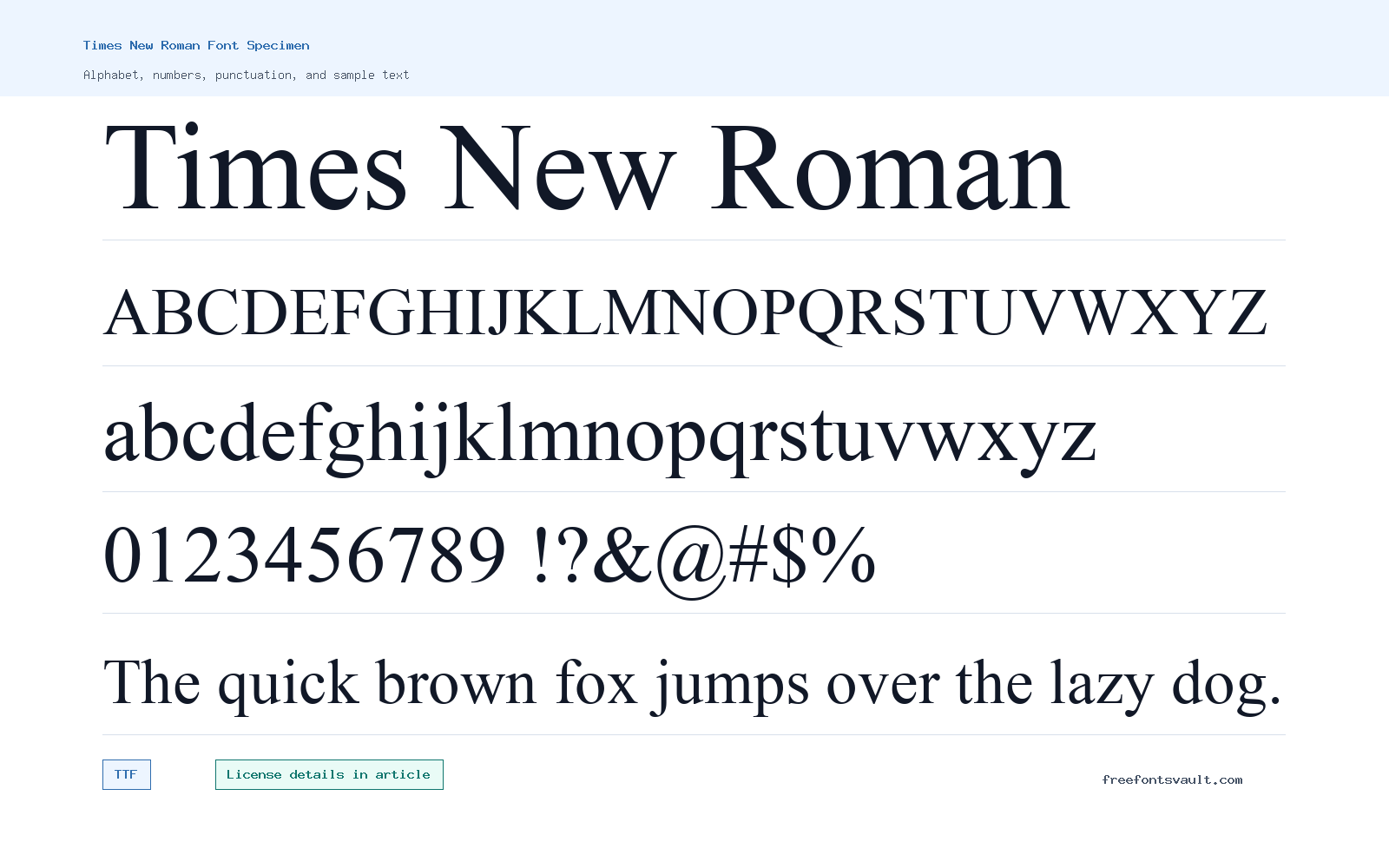 Times New Roman font specimen showing alphabet, numbers, and sample text
