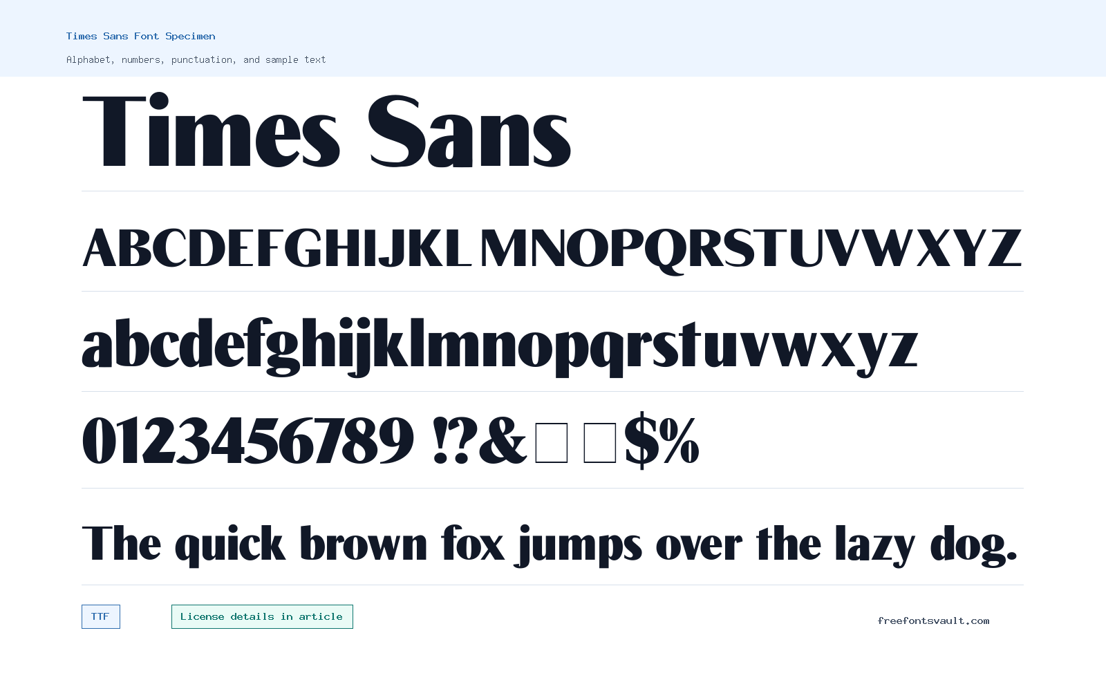 Times Sans font specimen showing alphabet, numbers, and sample text