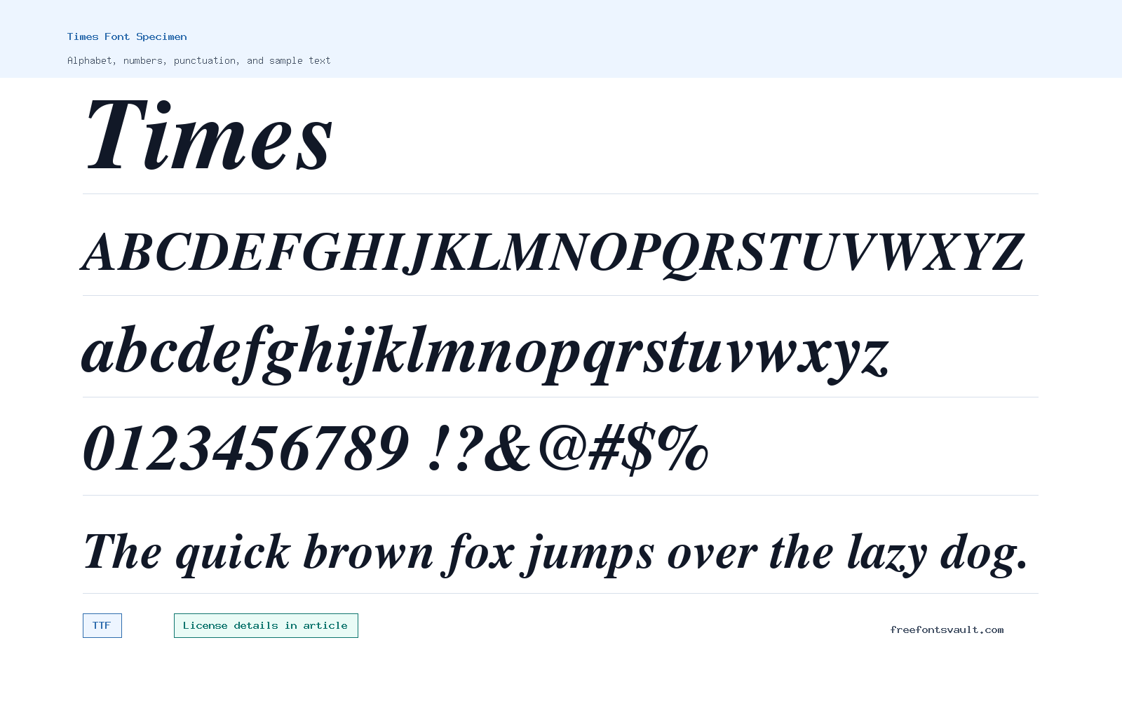 Times font specimen showing alphabet, numbers, and sample text