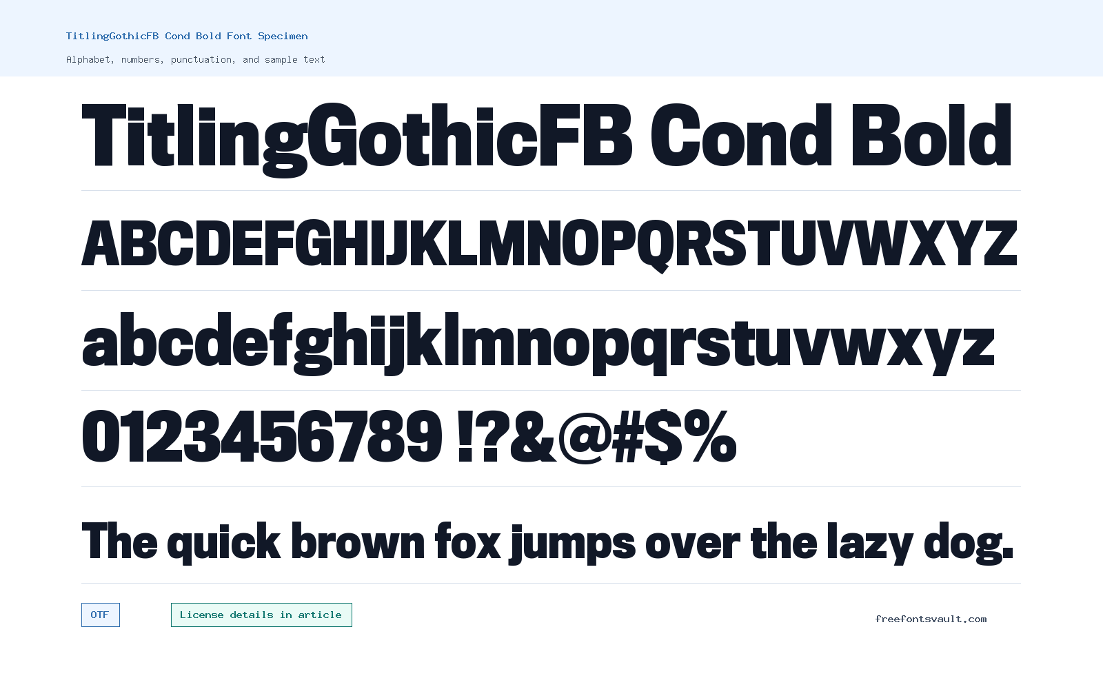 TitlingGothicFB Cond Bold font specimen showing alphabet, numbers, and sample text