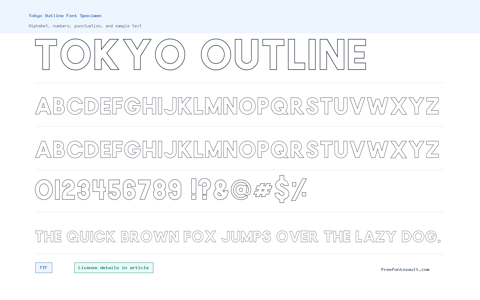 Tokyo Outline font specimen showing alphabet, numbers, and sample text