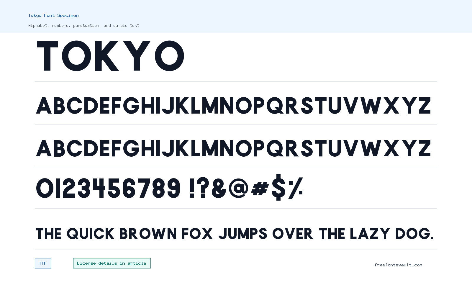 Tokyo font specimen showing alphabet, numbers, and sample text