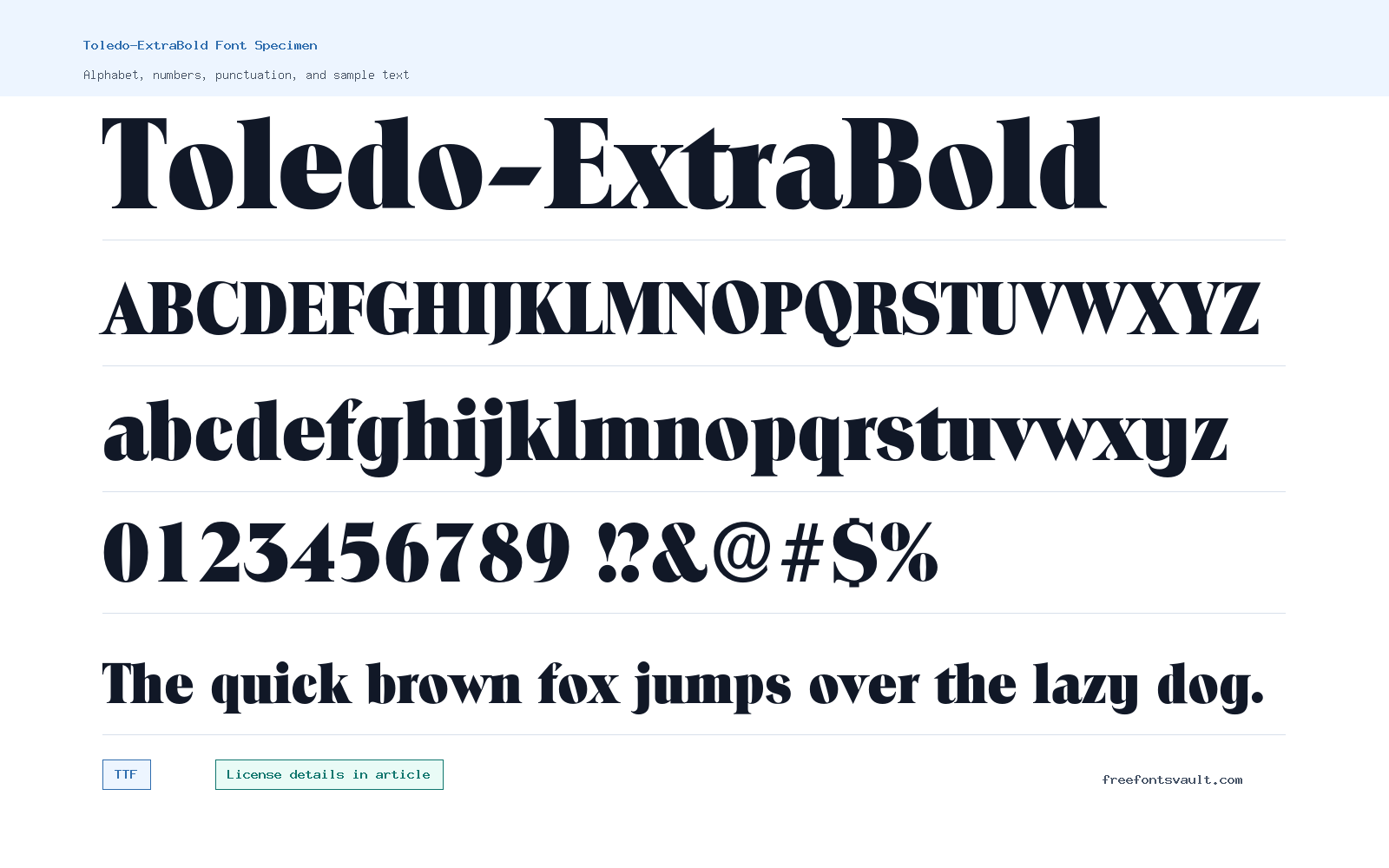 Toledo-ExtraBold font specimen showing alphabet, numbers, and sample text