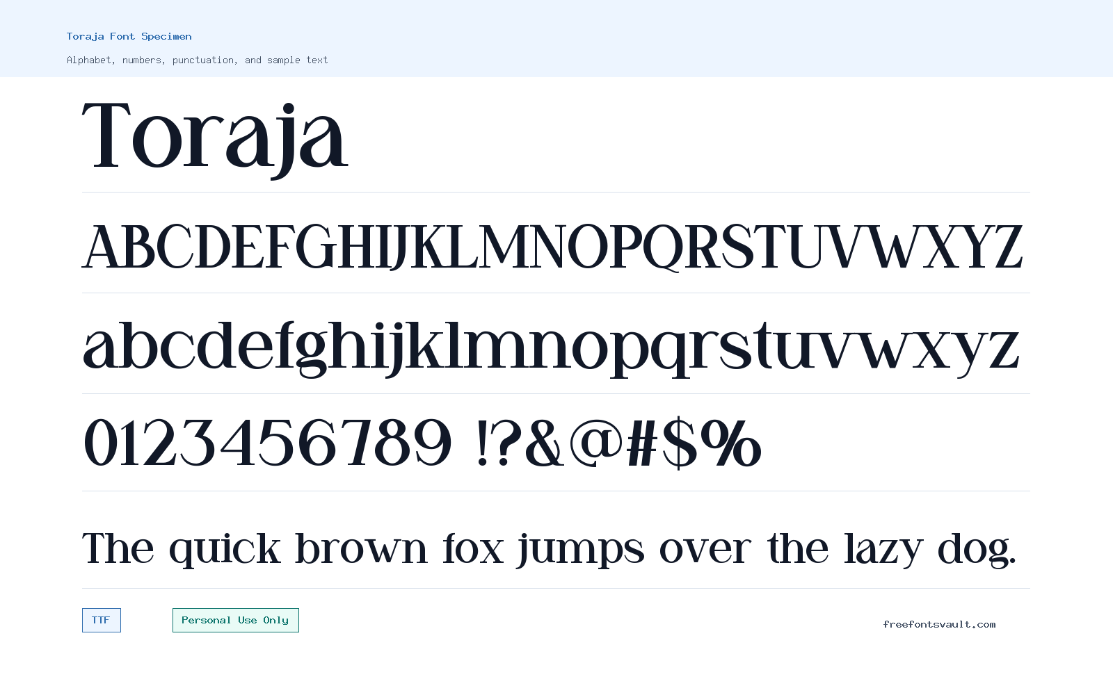 Toraja font specimen showing alphabet, numbers, and sample text