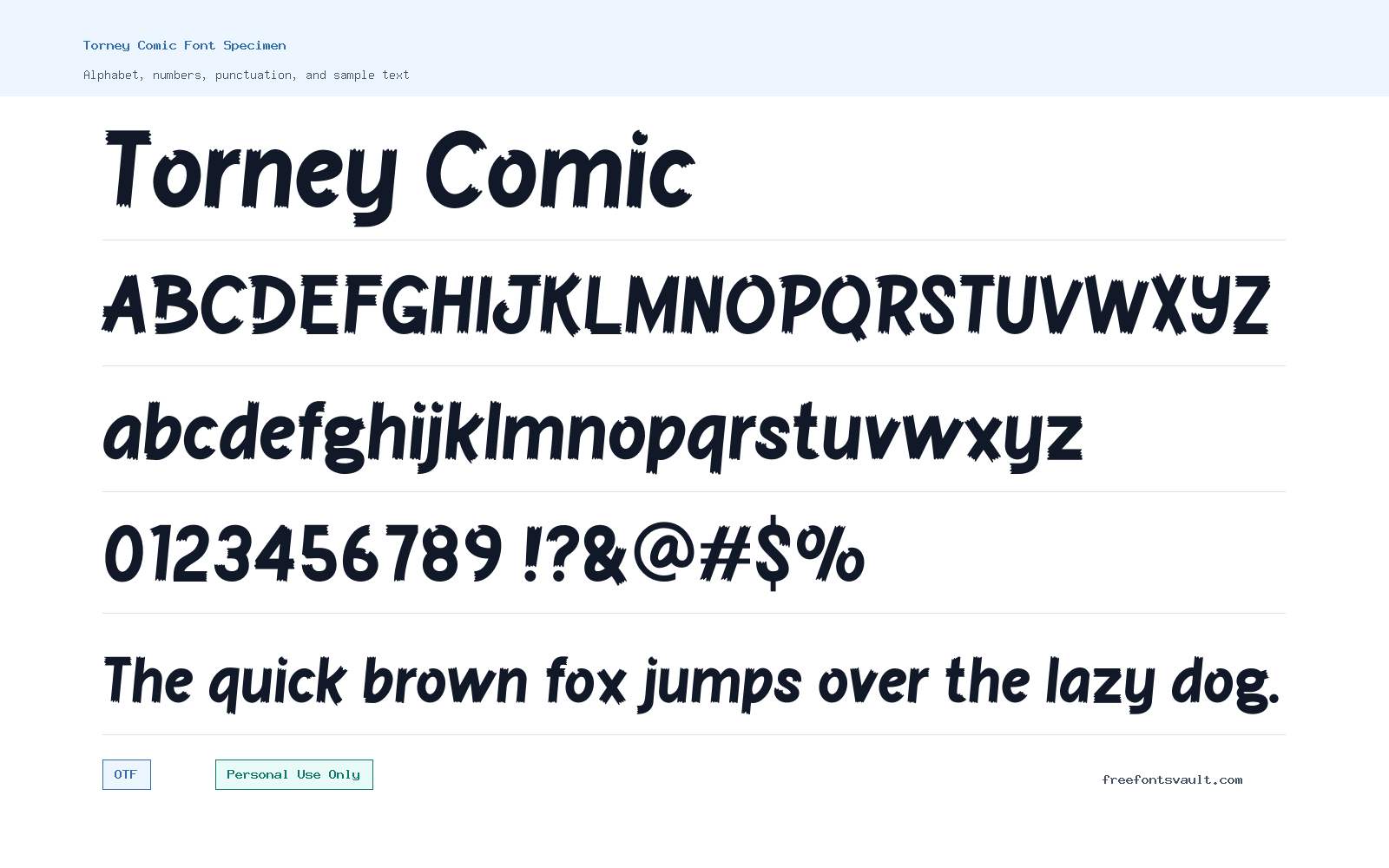 Torney Comic font specimen showing alphabet, numbers, and sample text