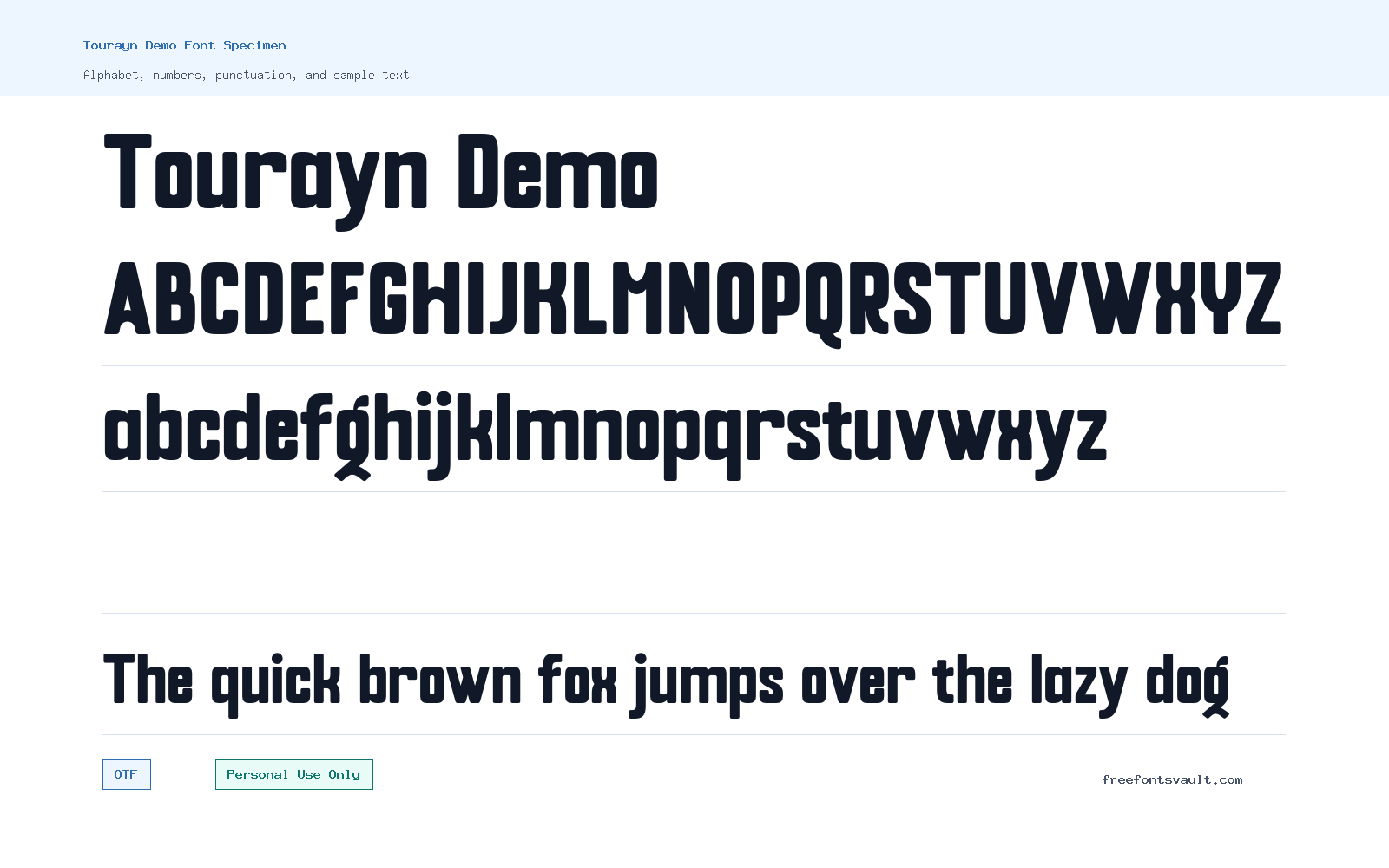 Tourayn Demo font specimen showing alphabet, numbers, and sample text