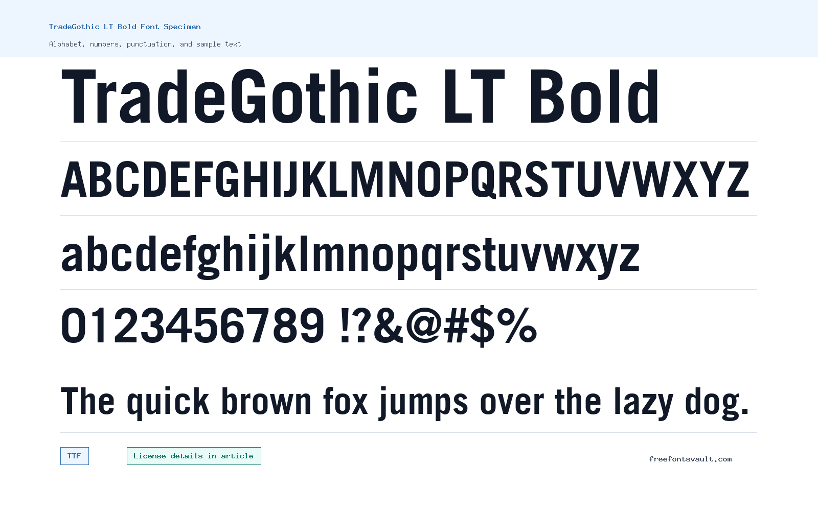 TradeGothic LT Bold font specimen showing alphabet, numbers, and sample text