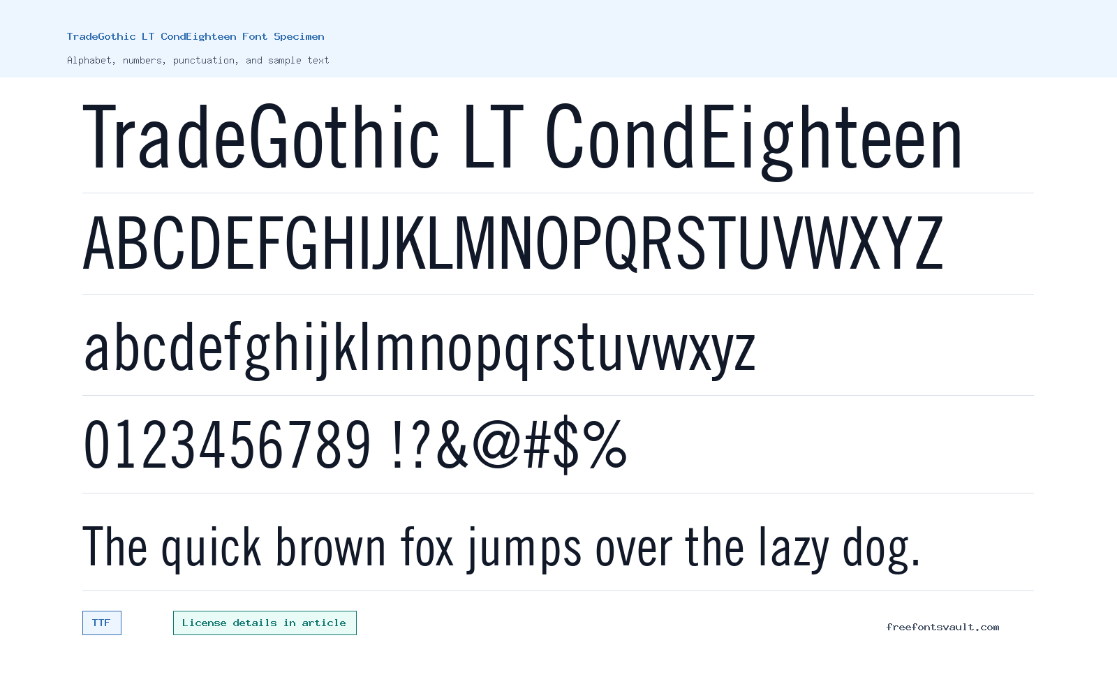 TradeGothic LT CondEighteen font specimen showing alphabet, numbers, and sample text