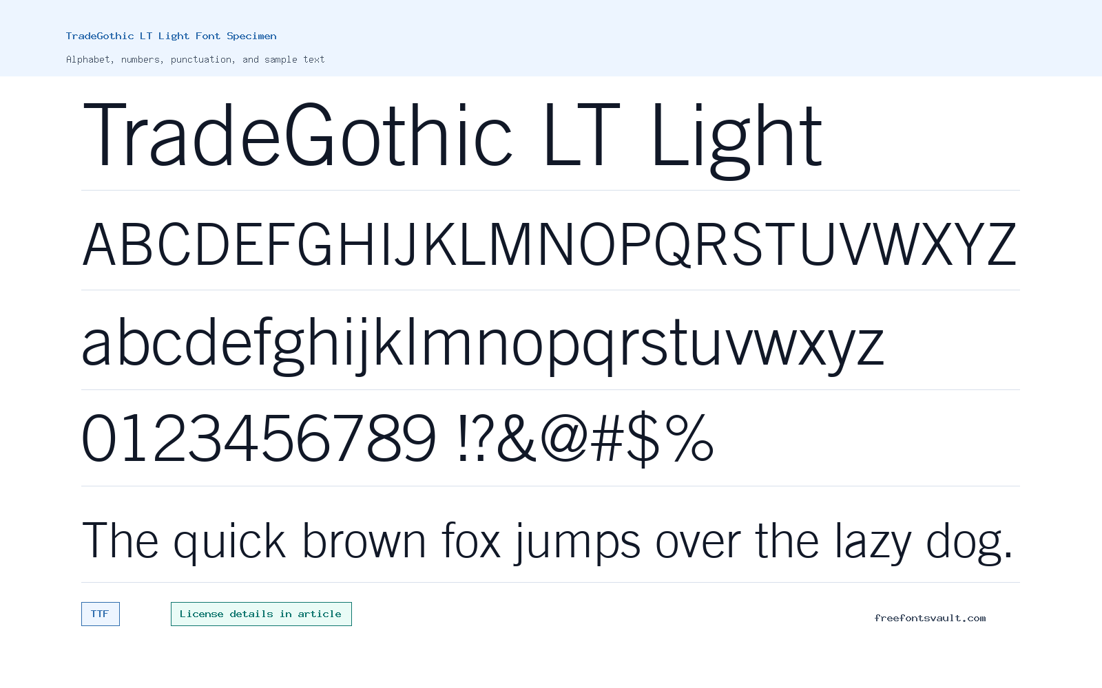 TradeGothic LT Light font specimen showing alphabet, numbers, and sample text