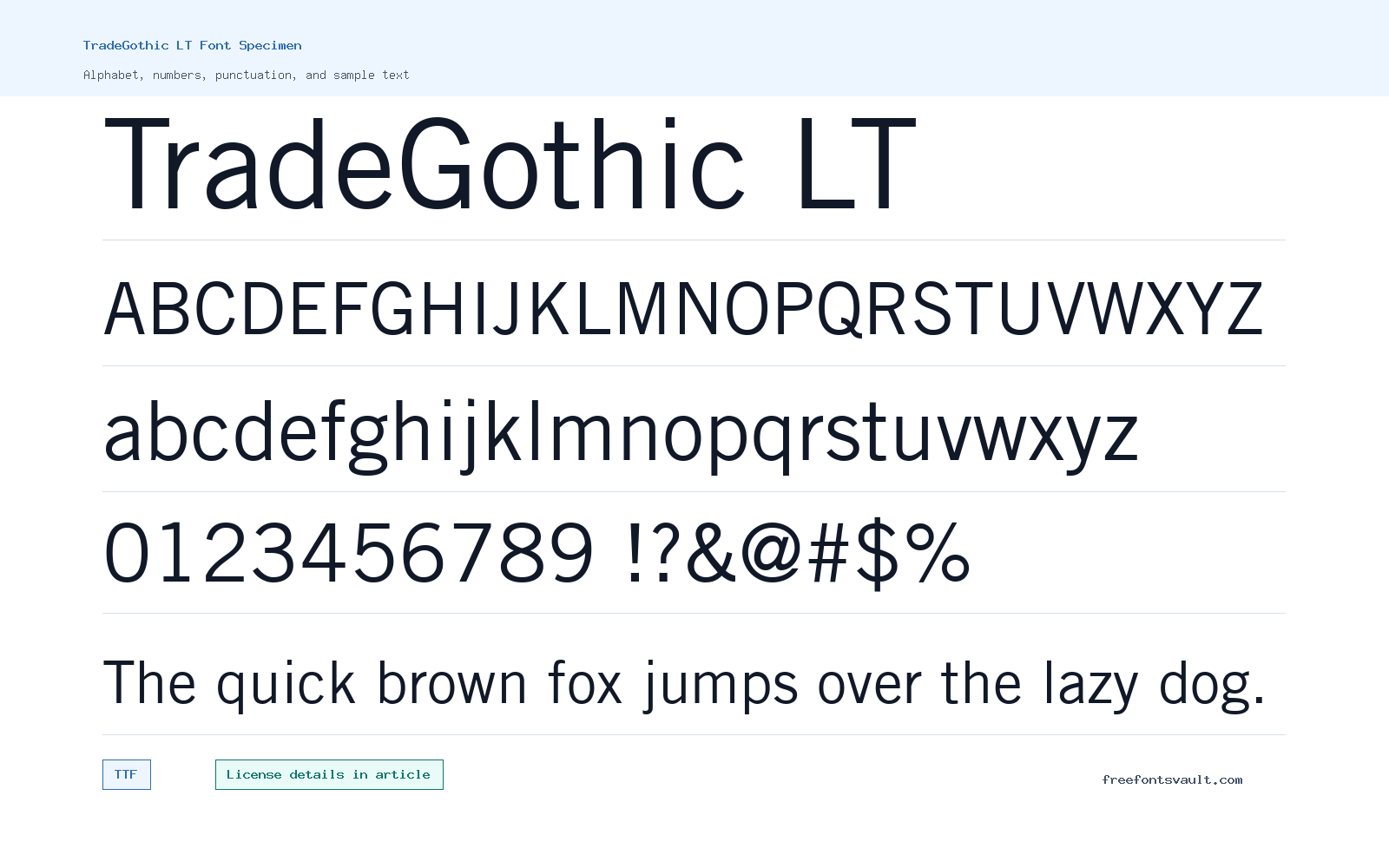 TradeGothic LT font specimen showing alphabet, numbers, and sample text