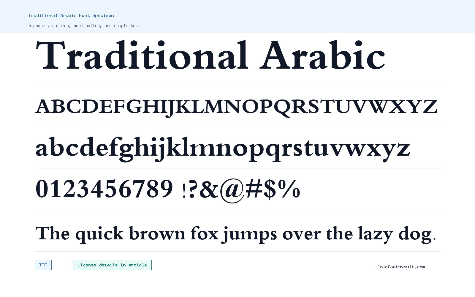 Traditional Arabic font specimen showing alphabet, numbers, and sample text