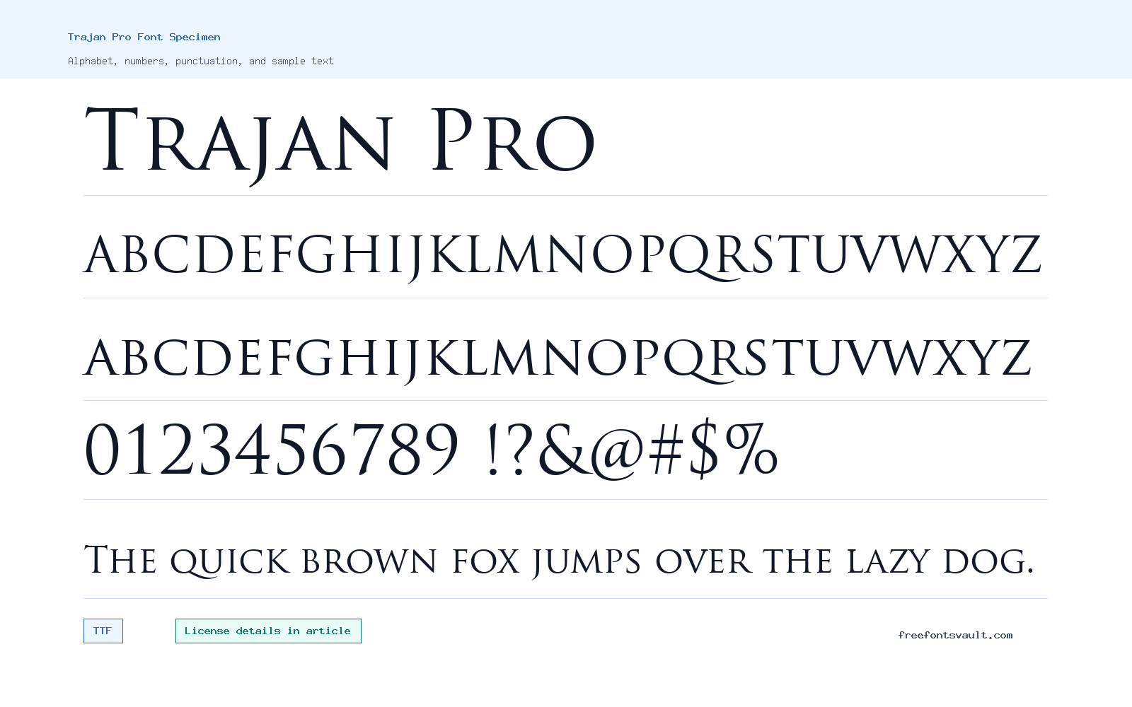 Trajan Pro font specimen showing alphabet, numbers, and sample text