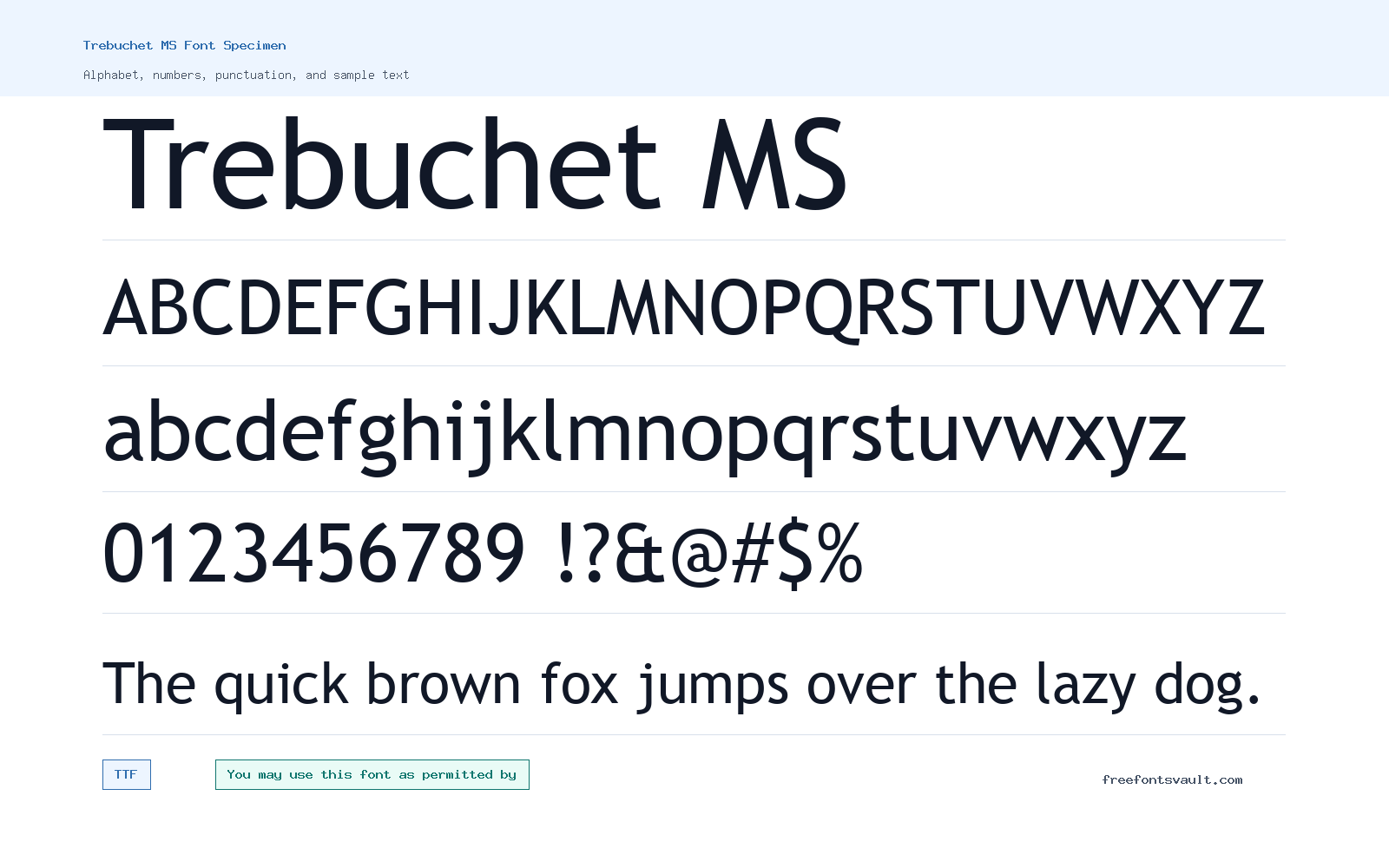Trebuchet MS font specimen showing alphabet, numbers, and sample text