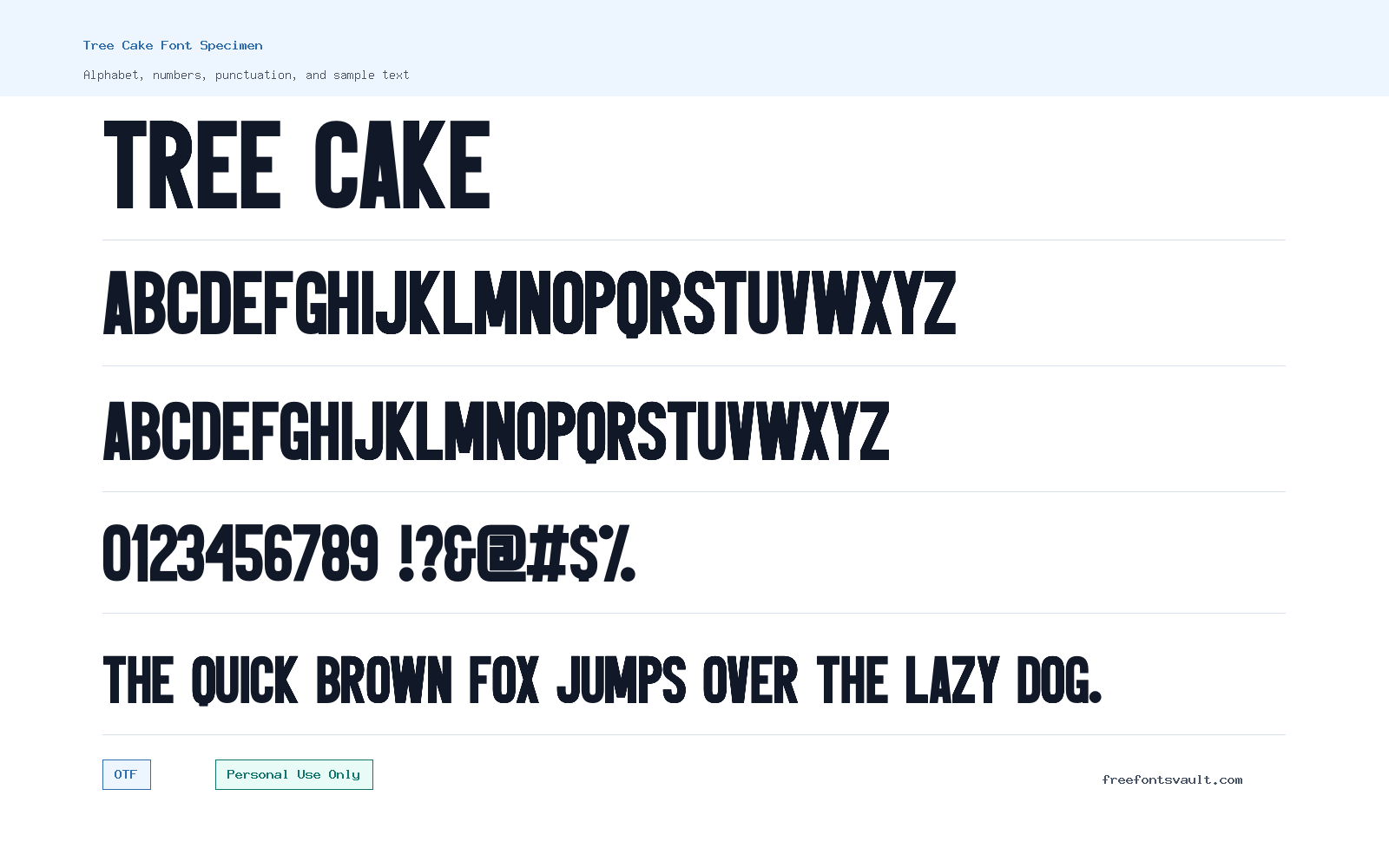 Tree Cake font specimen showing alphabet, numbers, and sample text