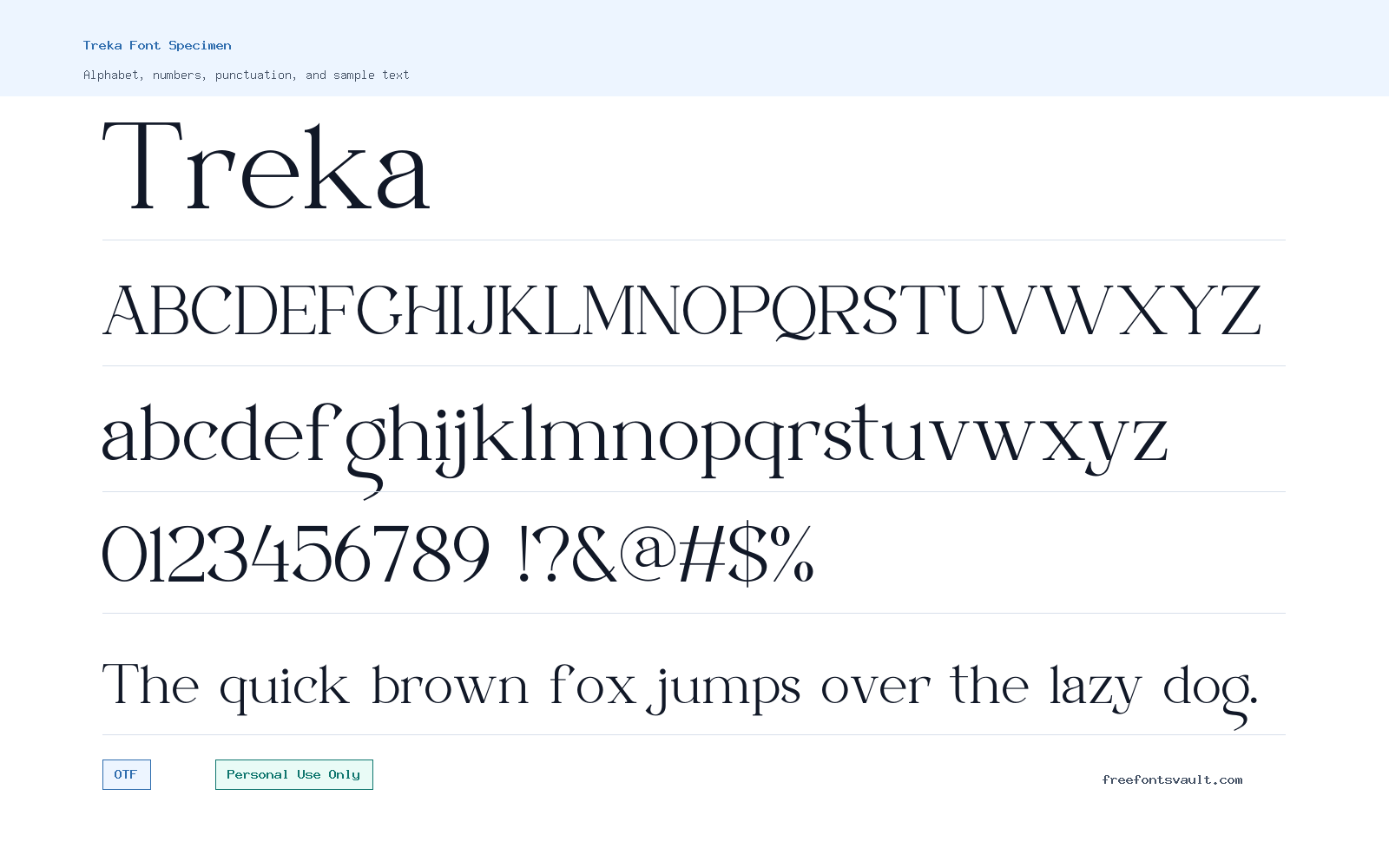 Treka font specimen showing alphabet, numbers, and sample text