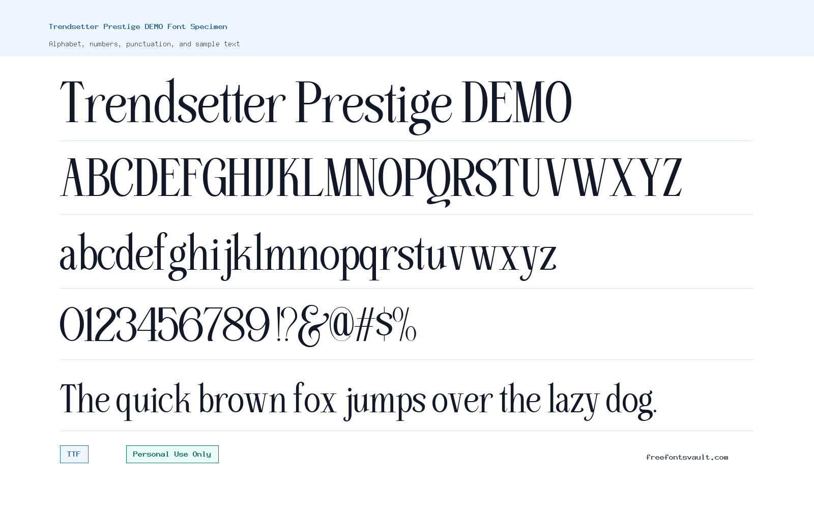 Trendsetter Prestige DEMO font specimen showing alphabet, numbers, and sample text