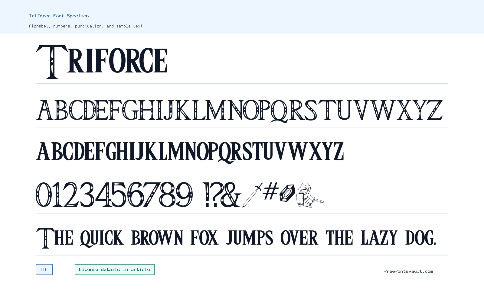 Triforce font specimen showing alphabet, numbers, and sample text