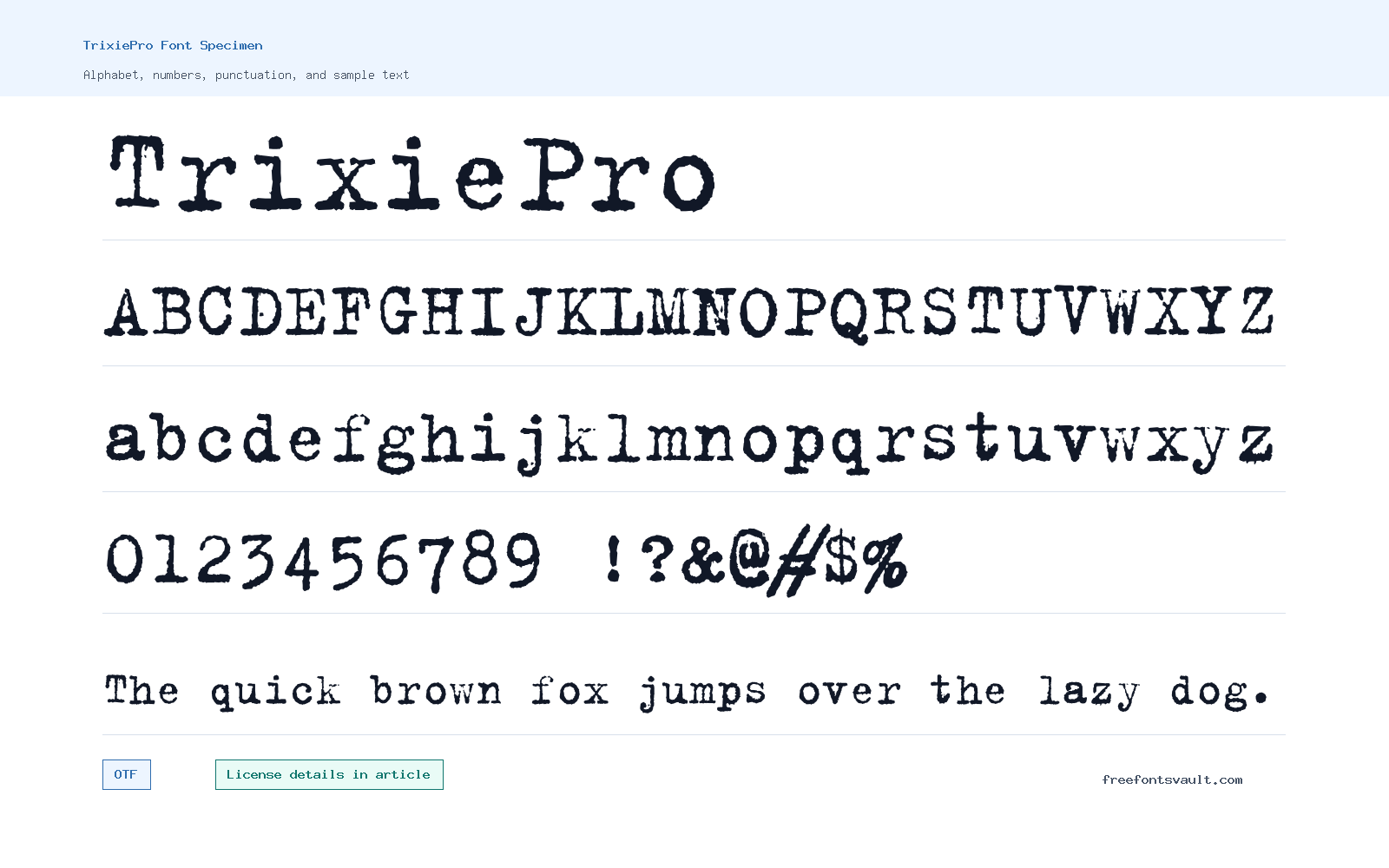 TrixiePro font specimen showing alphabet, numbers, and sample text