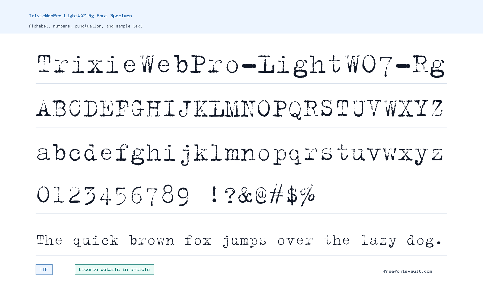 TrixieWebPro-LightW07-Rg font specimen showing alphabet, numbers, and sample text