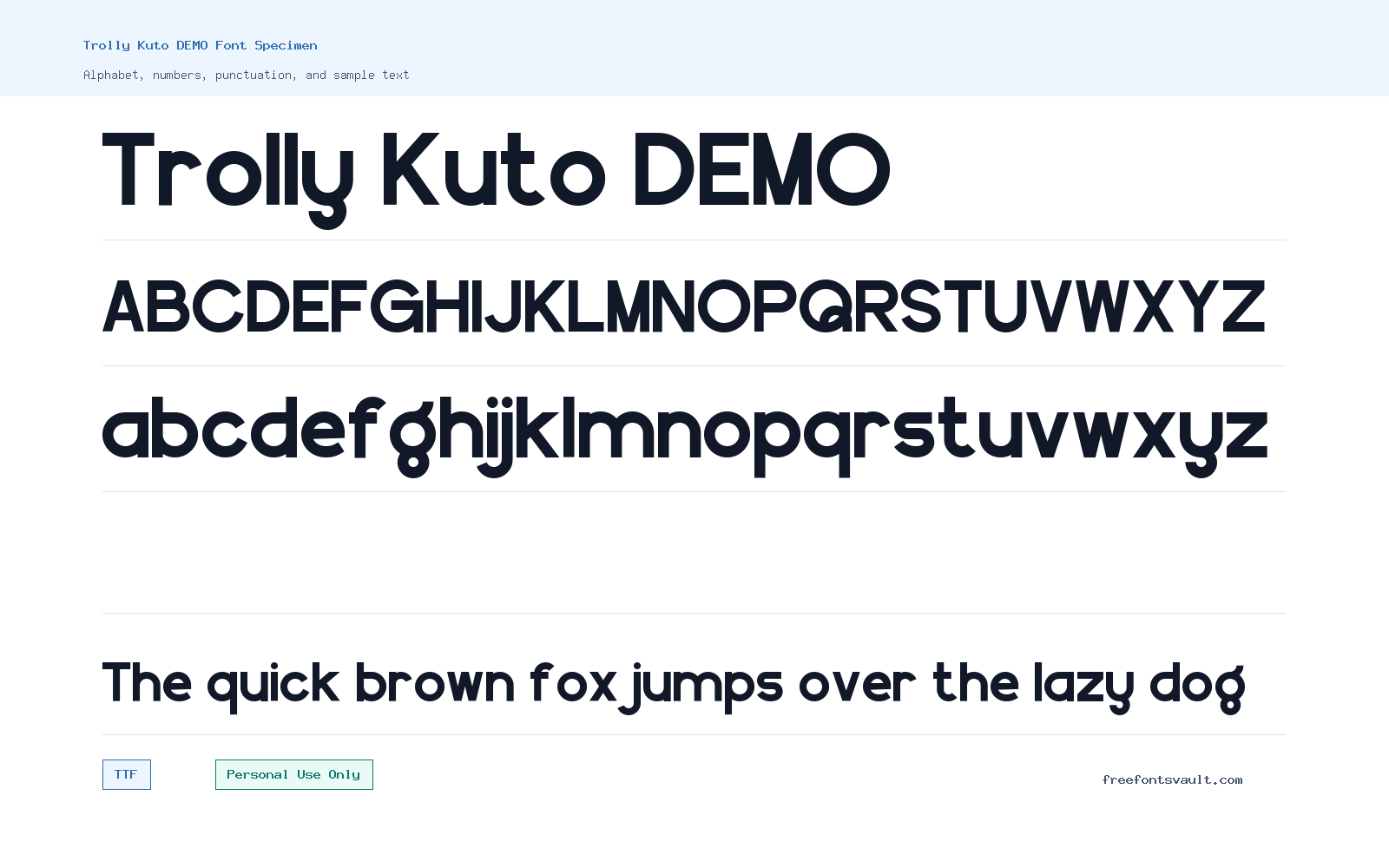Trolly Kuto DEMO font specimen showing alphabet, numbers, and sample text