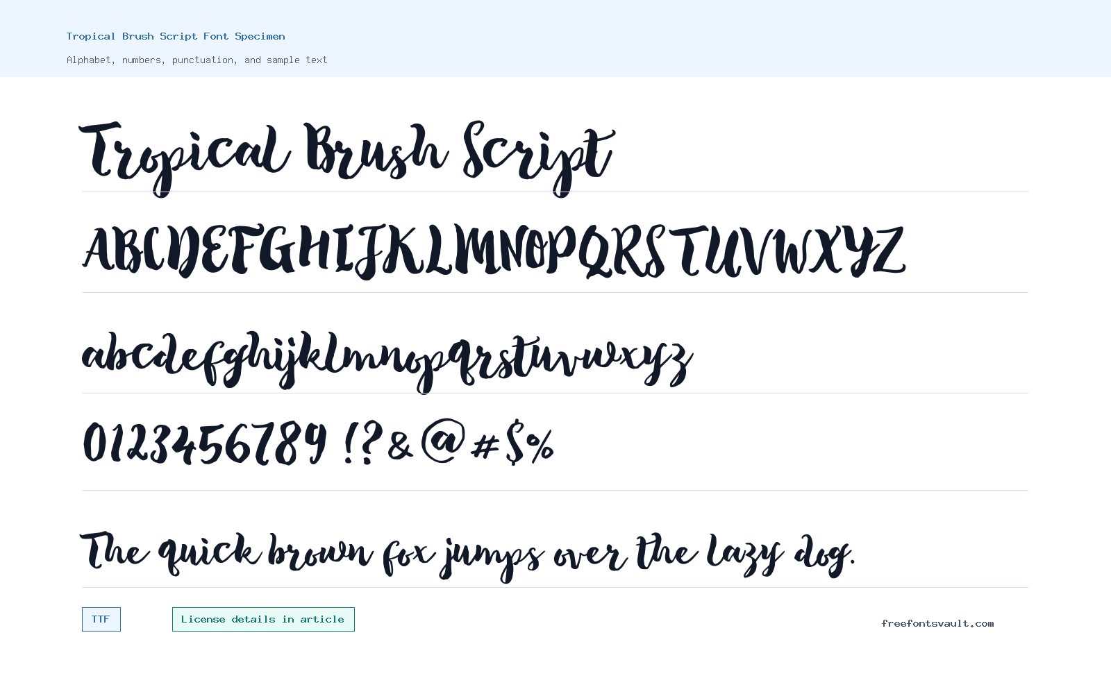 Tropical Brush Script font specimen showing alphabet, numbers, and sample text