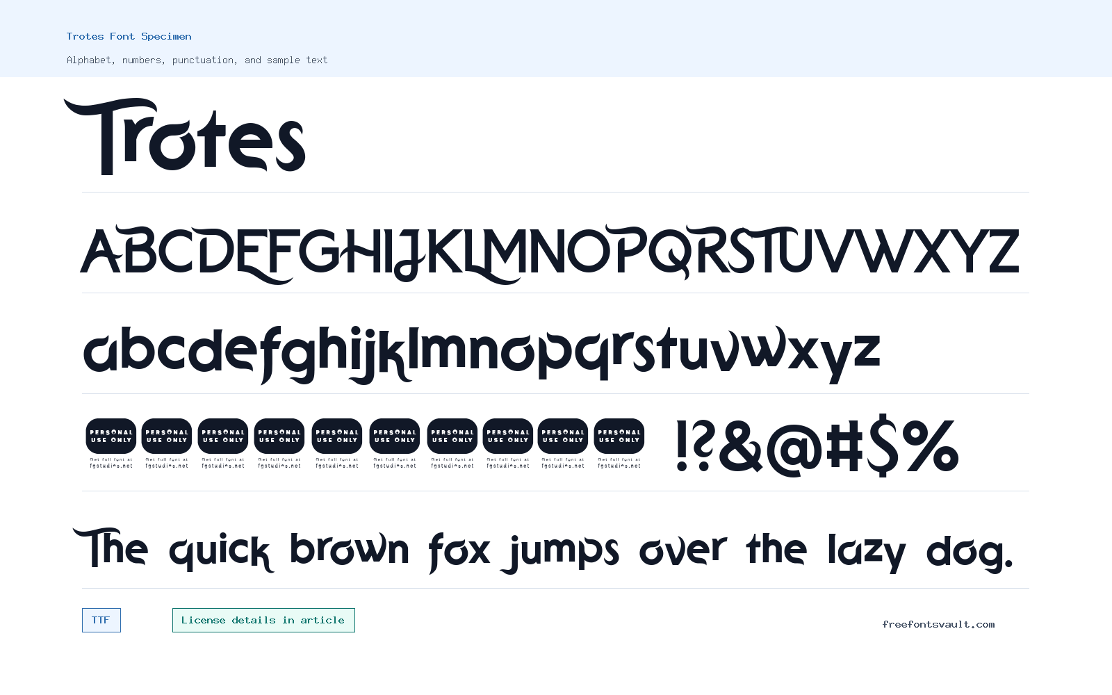 Trotes font specimen showing alphabet, numbers, and sample text