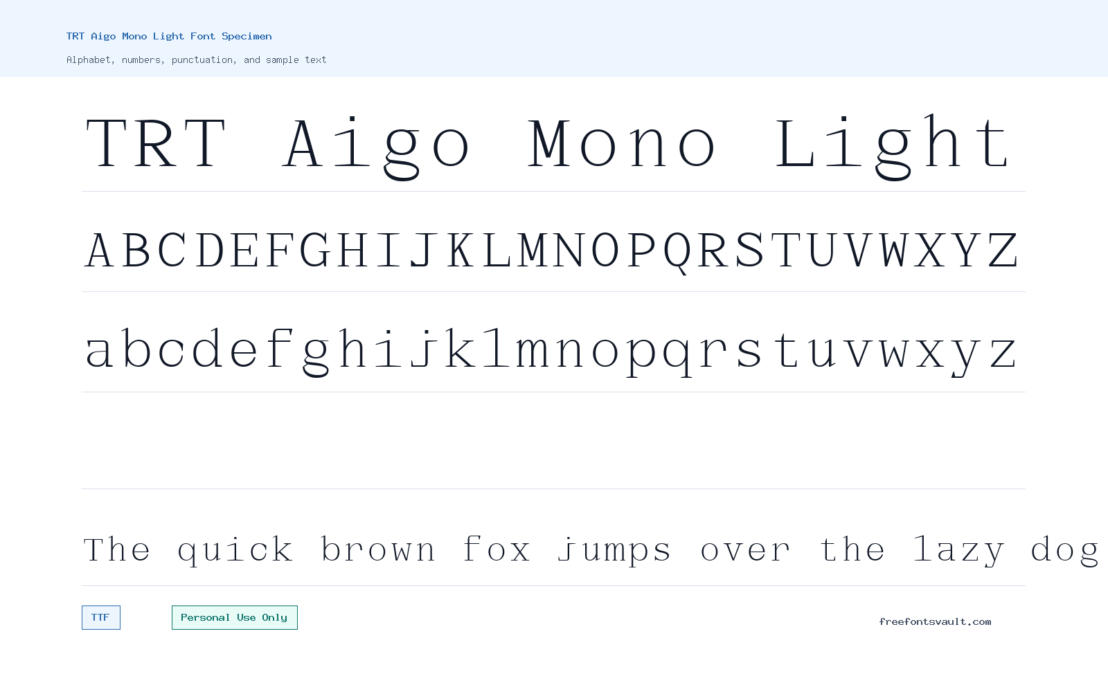 TRT Aigo Mono Light font specimen showing alphabet, numbers, and sample text