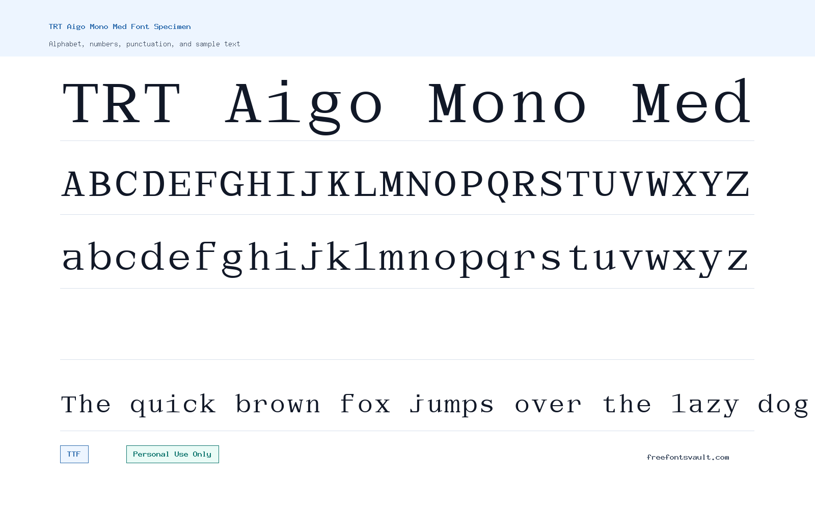TRT Aigo Mono Med font specimen showing alphabet, numbers, and sample text