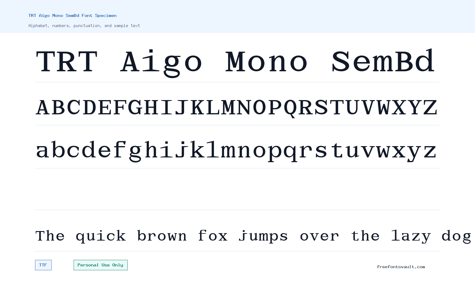 TRT Aigo Mono SemBd font specimen showing alphabet, numbers, and sample text