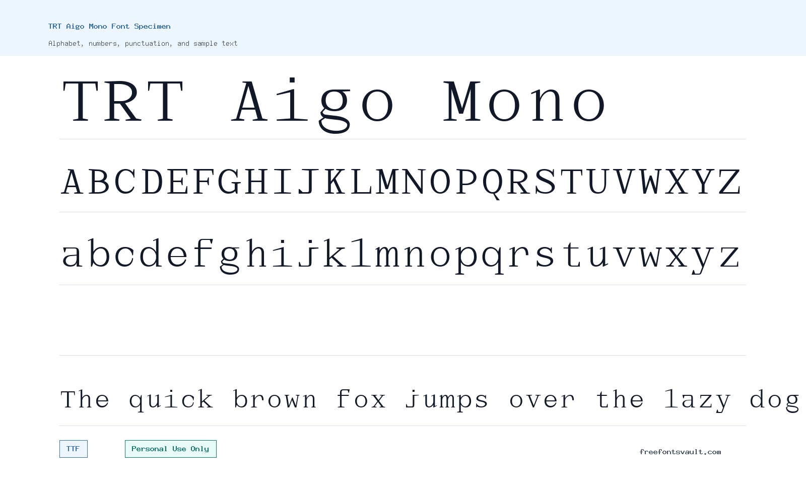 TRT Aigo Mono font specimen showing alphabet, numbers, and sample text