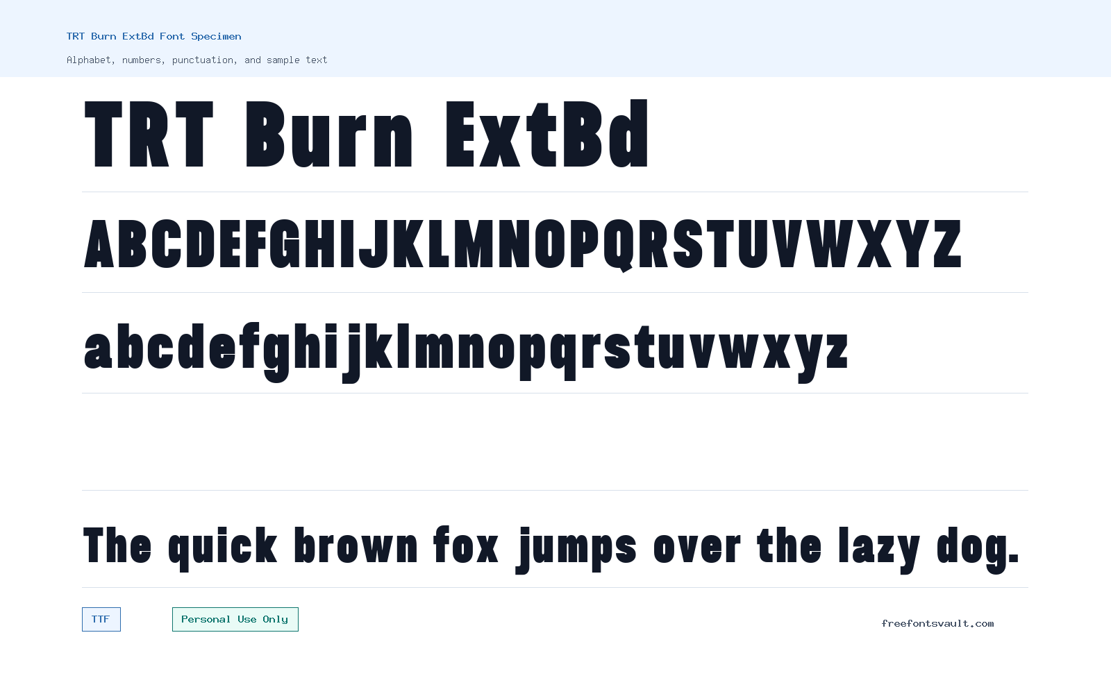TRT Burn ExtBd font specimen showing alphabet, numbers, and sample text