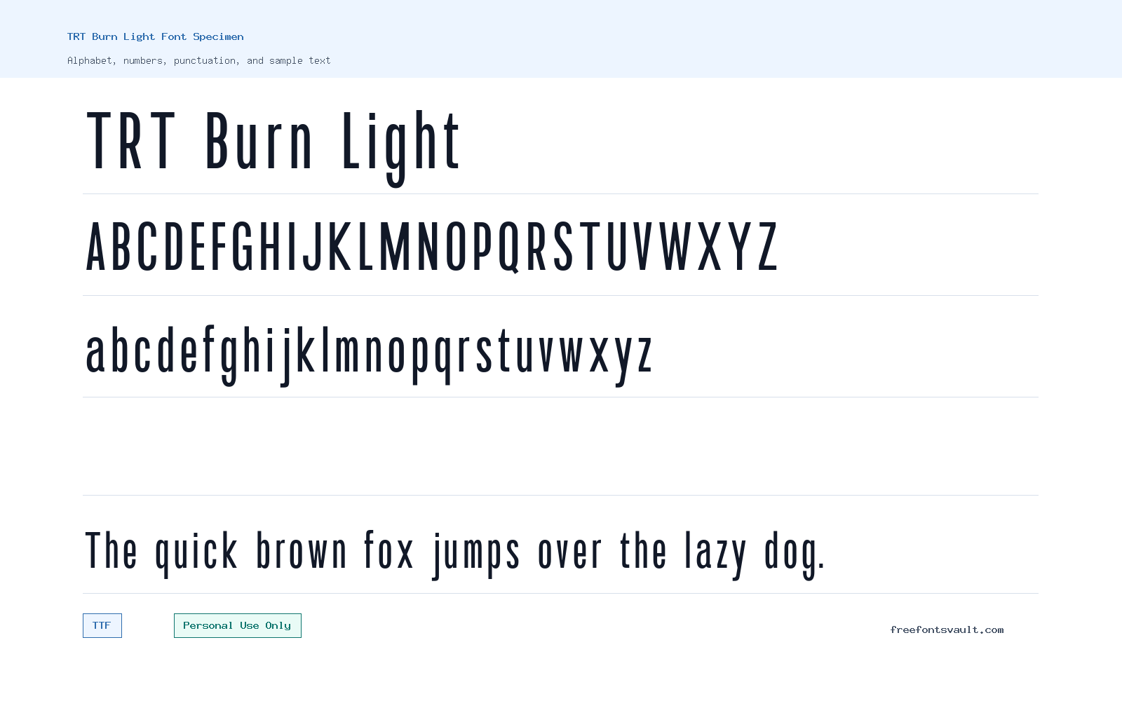 TRT Burn Light font specimen showing alphabet, numbers, and sample text