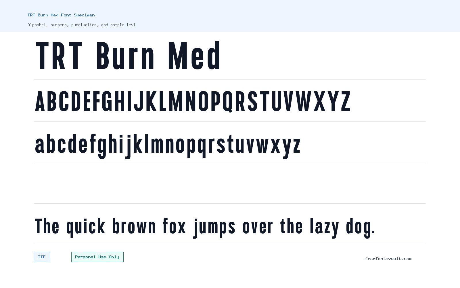 TRT Burn Med font specimen showing alphabet, numbers, and sample text