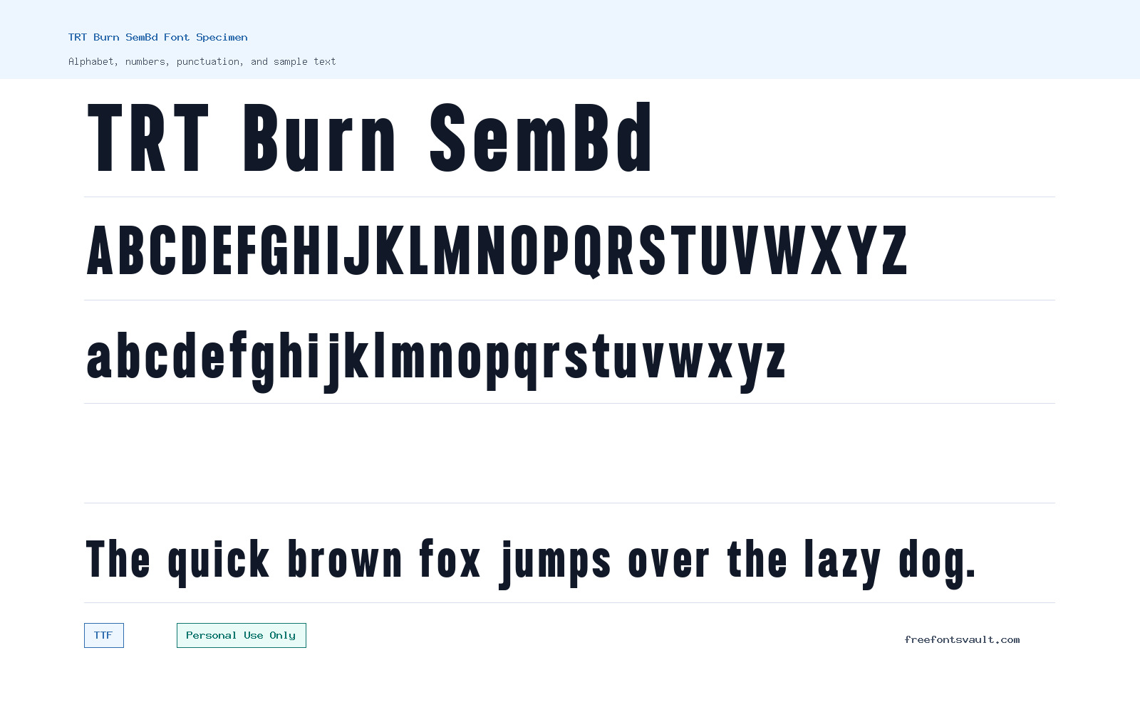 TRT Burn SemBd font specimen showing alphabet, numbers, and sample text