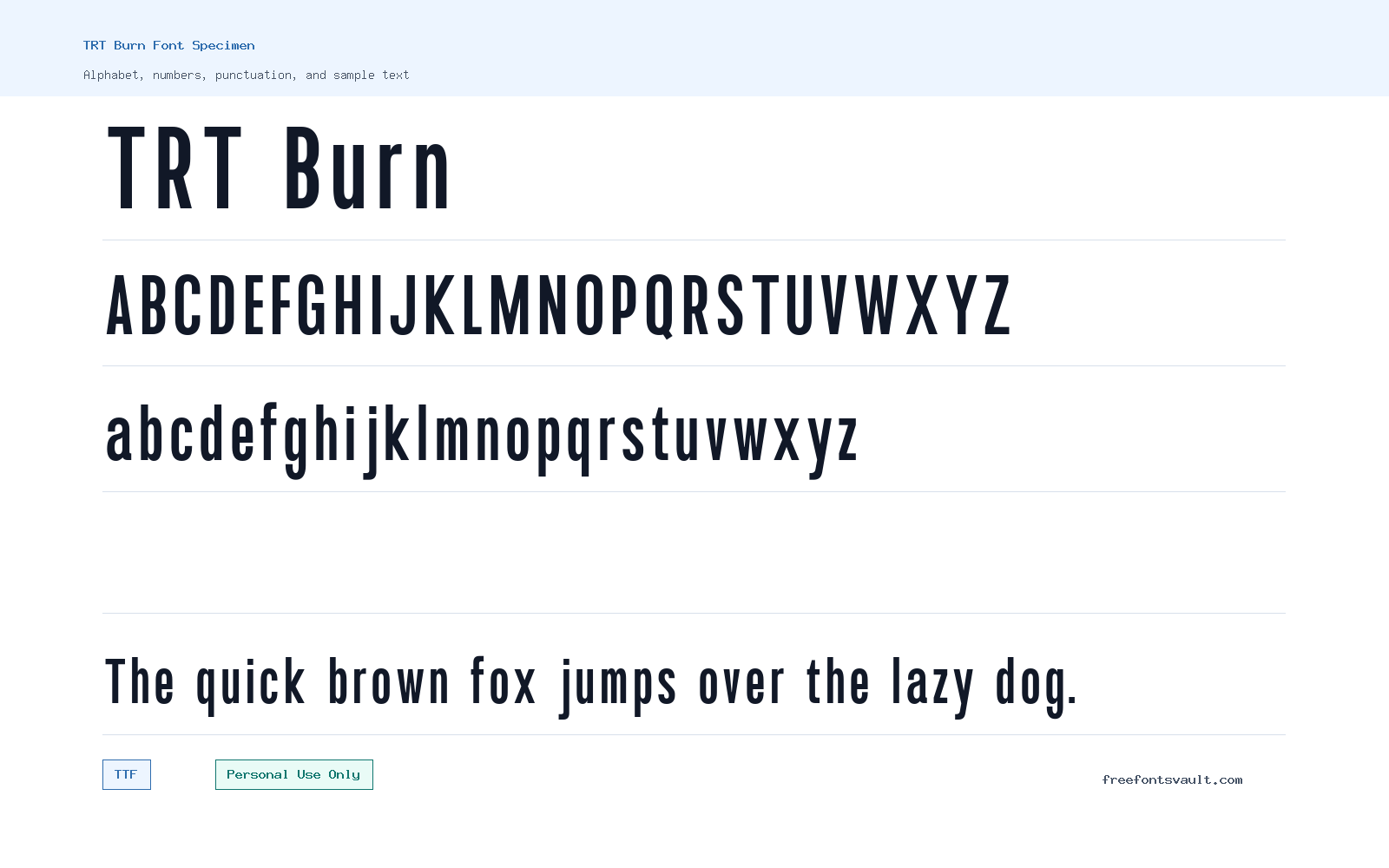 TRT Burn font specimen showing alphabet, numbers, and sample text