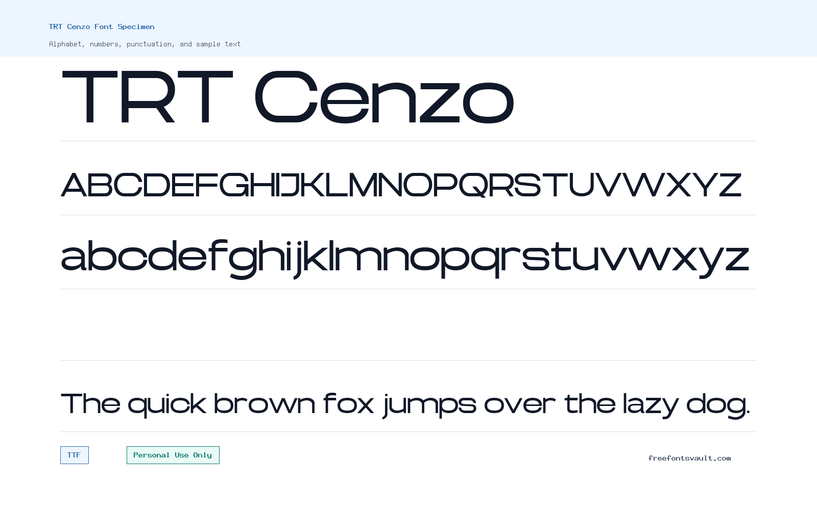 TRT Cenzo font specimen showing alphabet, numbers, and sample text