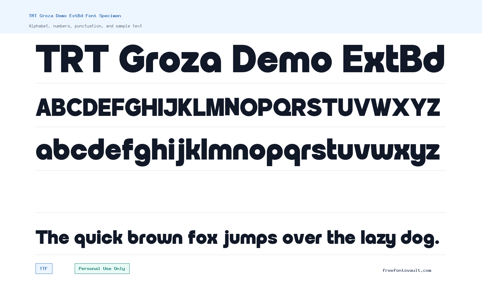 TRT Groza Demo ExtBd font specimen showing alphabet, numbers, and sample text