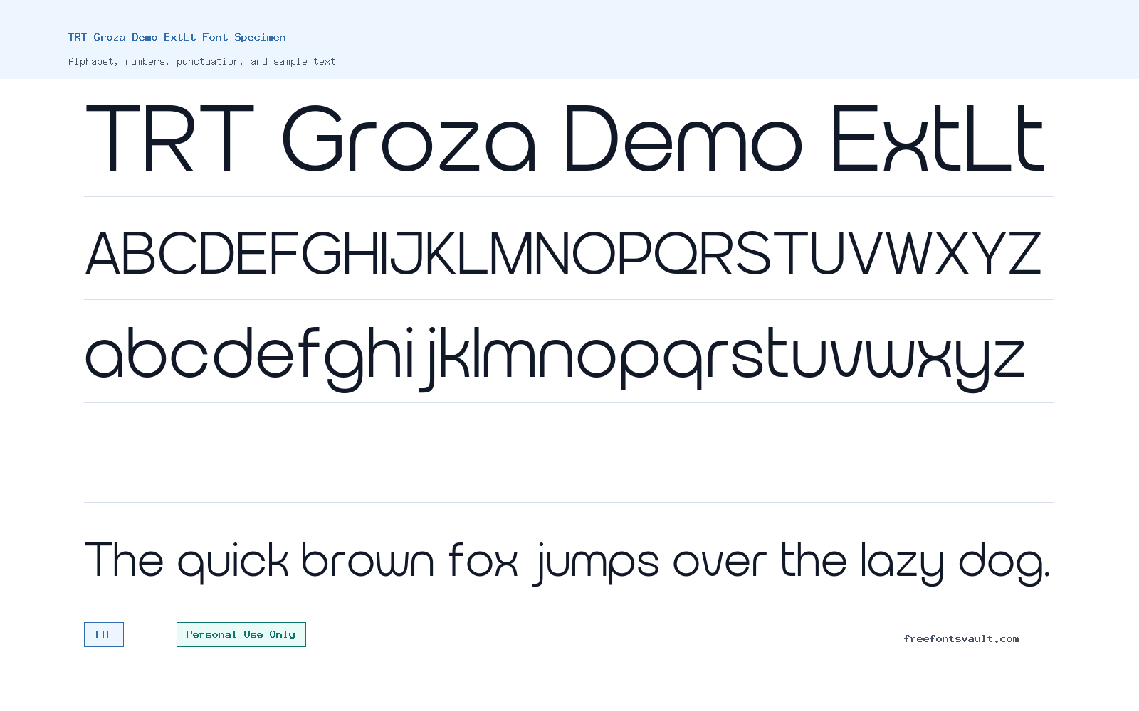 TRT Groza Demo ExtLt font specimen showing alphabet, numbers, and sample text