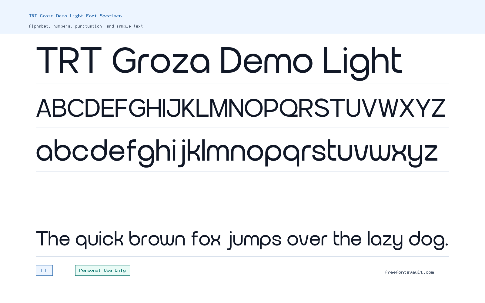 TRT Groza Demo Light font specimen showing alphabet, numbers, and sample text