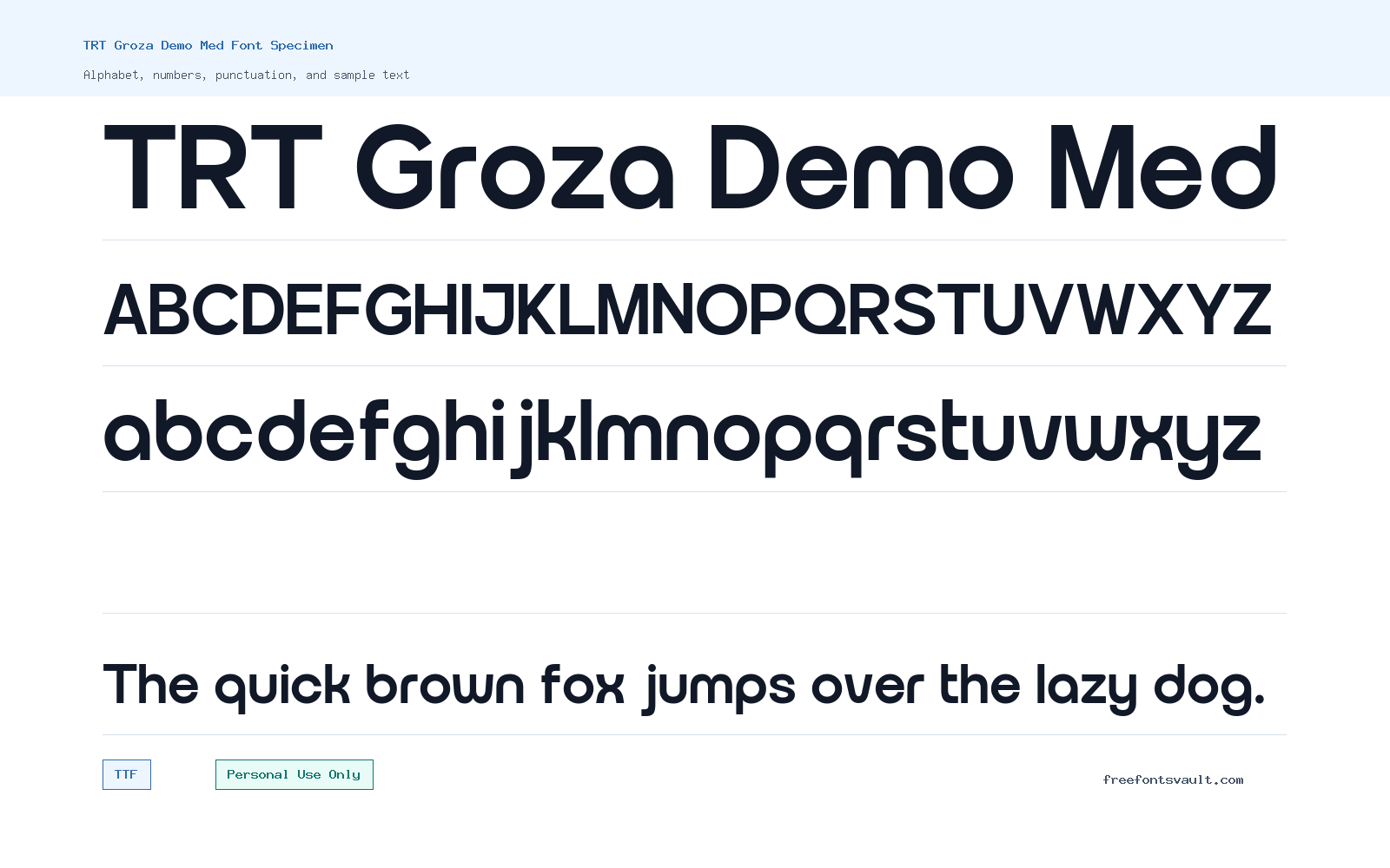 TRT Groza Demo Med font specimen showing alphabet, numbers, and sample text