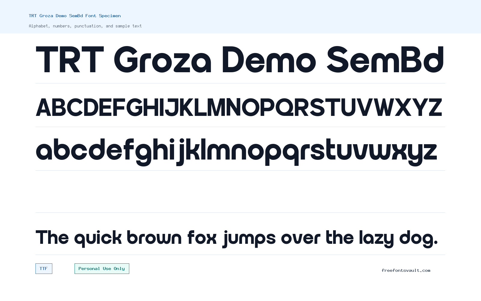TRT Groza Demo SemBd font specimen showing alphabet, numbers, and sample text