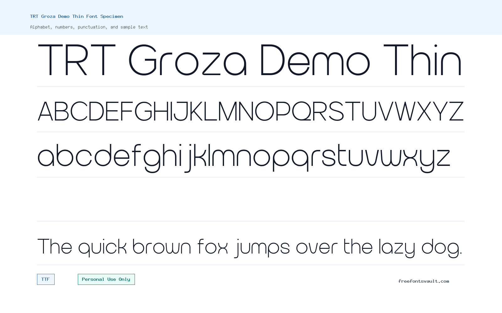 TRT Groza Demo Thin font specimen showing alphabet, numbers, and sample text