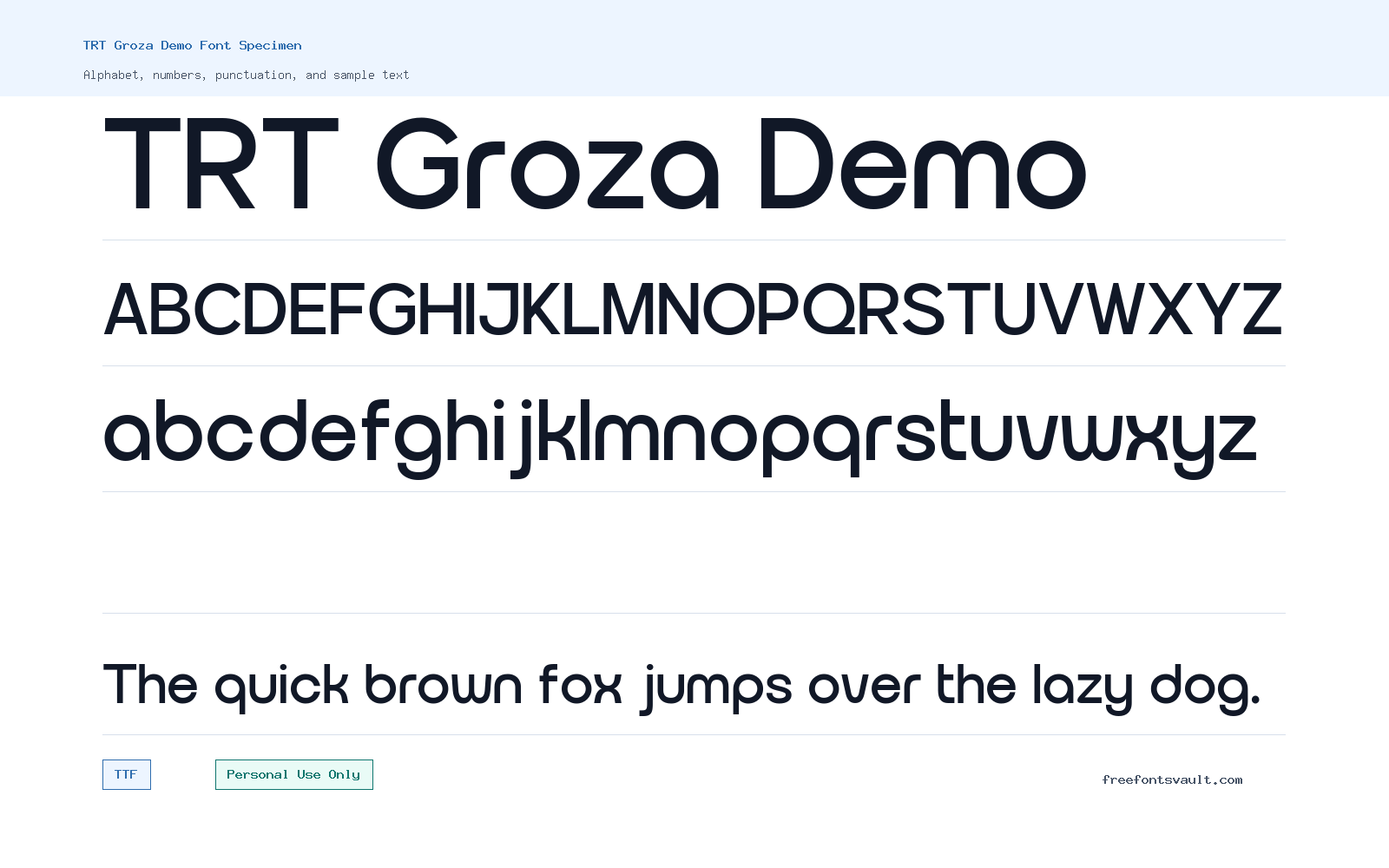 TRT Groza Demo font specimen showing alphabet, numbers, and sample text
