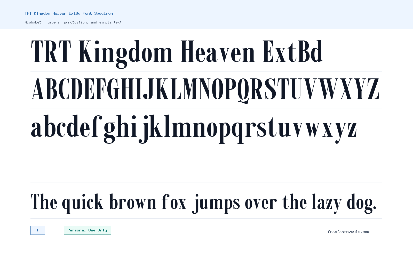 TRT Kingdom Heaven ExtBd font specimen showing alphabet, numbers, and sample text