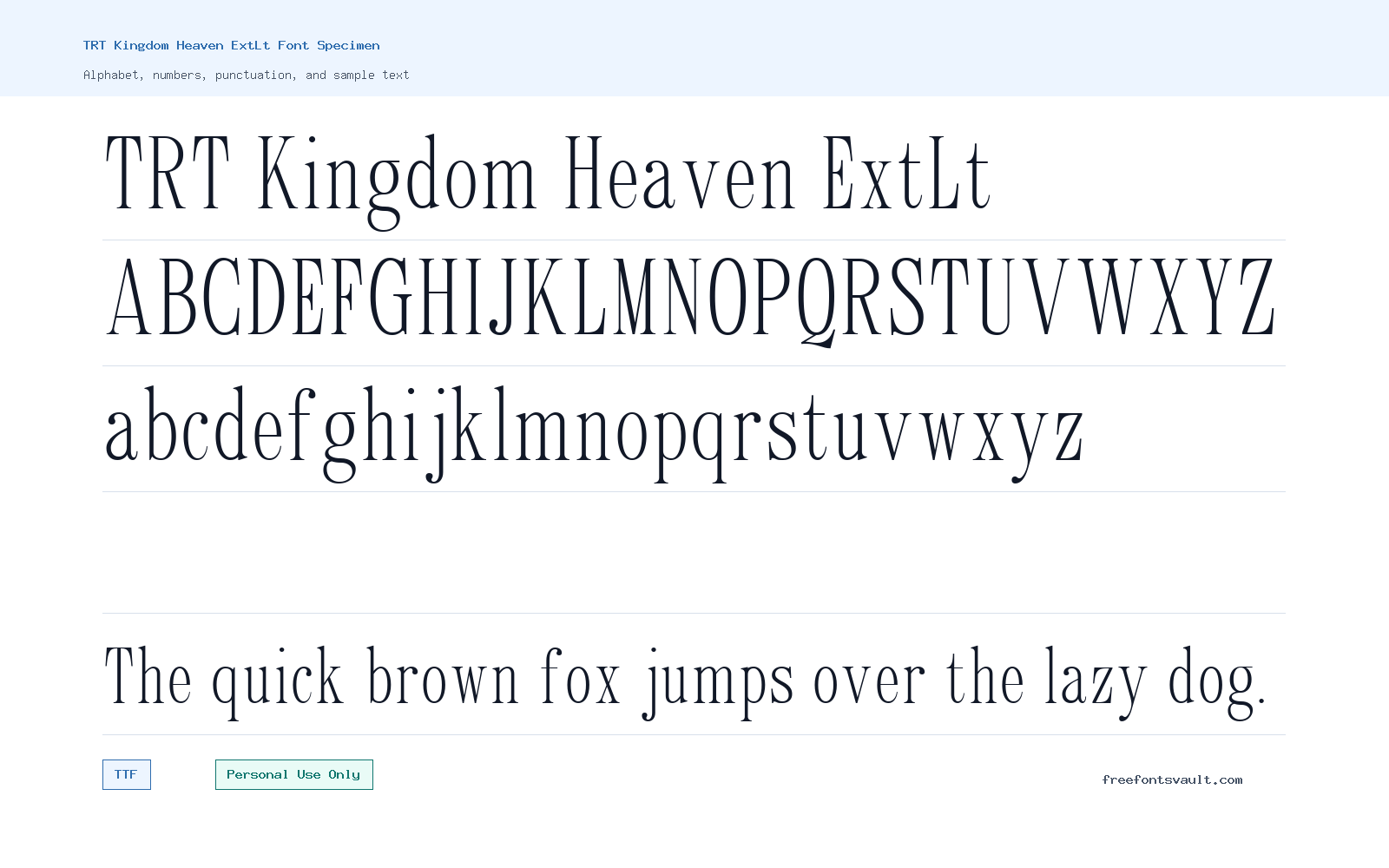 TRT Kingdom Heaven ExtLt font specimen showing alphabet, numbers, and sample text